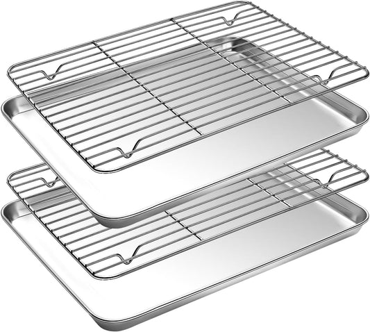 Small Baking Sheet with Cooling Rack Set [2 Baking Pans + 2 Wire Racks], CEKEE Stainless Steel Cookie Sheets for Baking, Heavy Duty & Dishwasher Safe Baking Sheets for Oven, Size 9 x 7 x 1 Inch