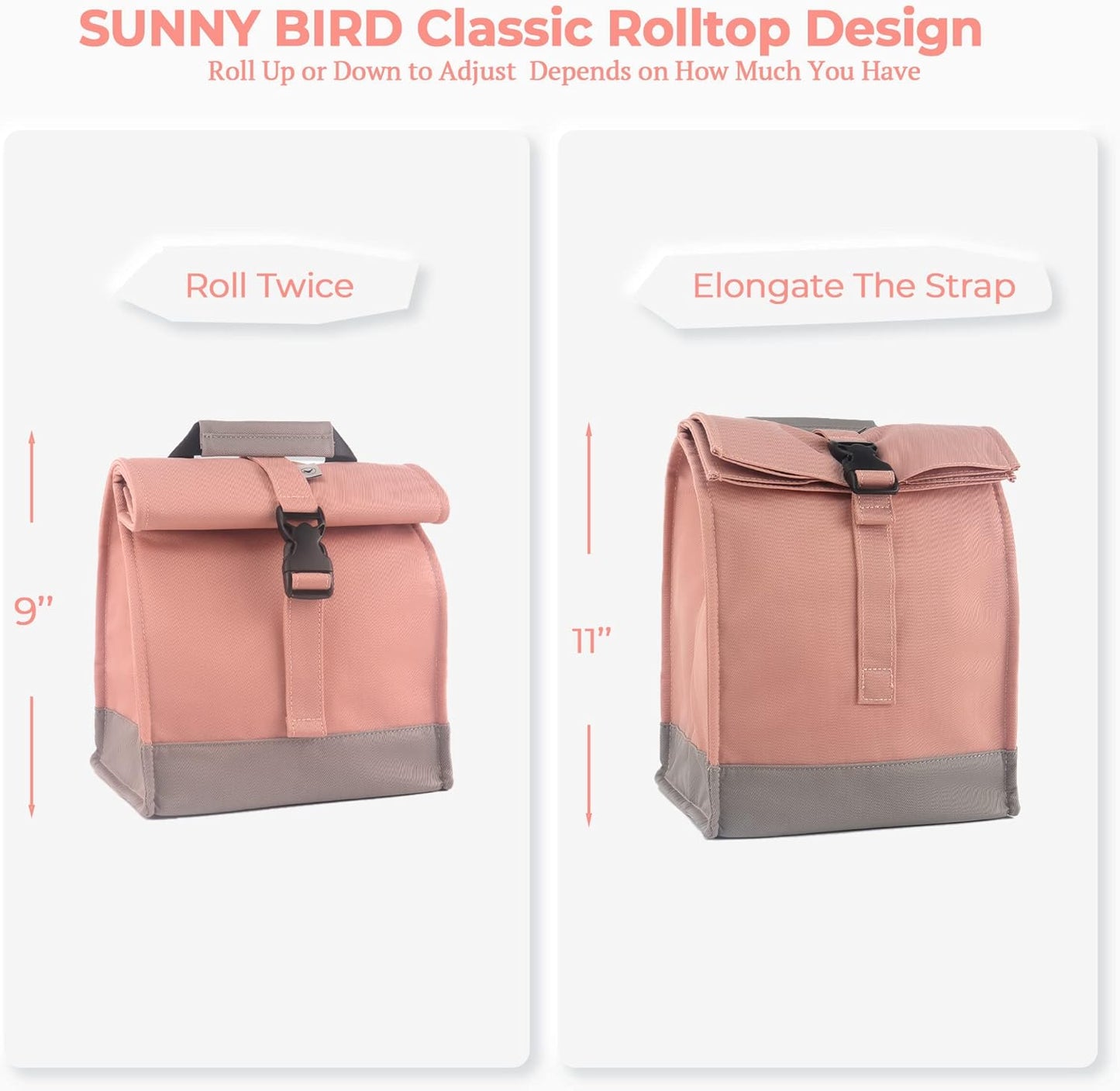 SUNNY BIRD Insulated Lunch Bag Pink Lunch Box Small Cooler Bag for Women, Girls, Adults and Teens (Pink with pink shoulder strap)