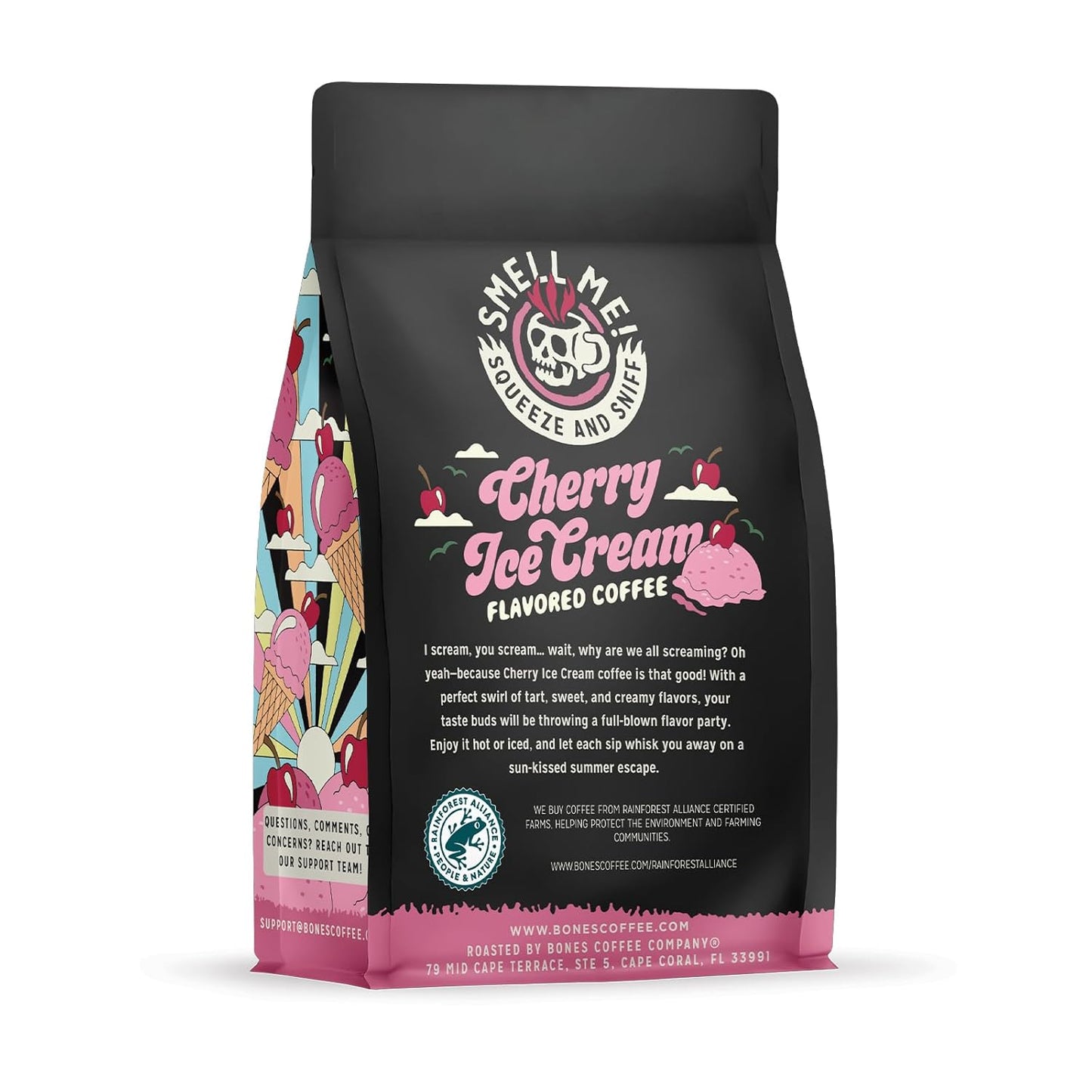 Bones Coffee Company Cherry Ice Cream Flavored Coffee, Medium Roast Low Acid Arabica Beans Compatible with Auto drip and French Press Coffee Maker, 12 Oz Whole Bean