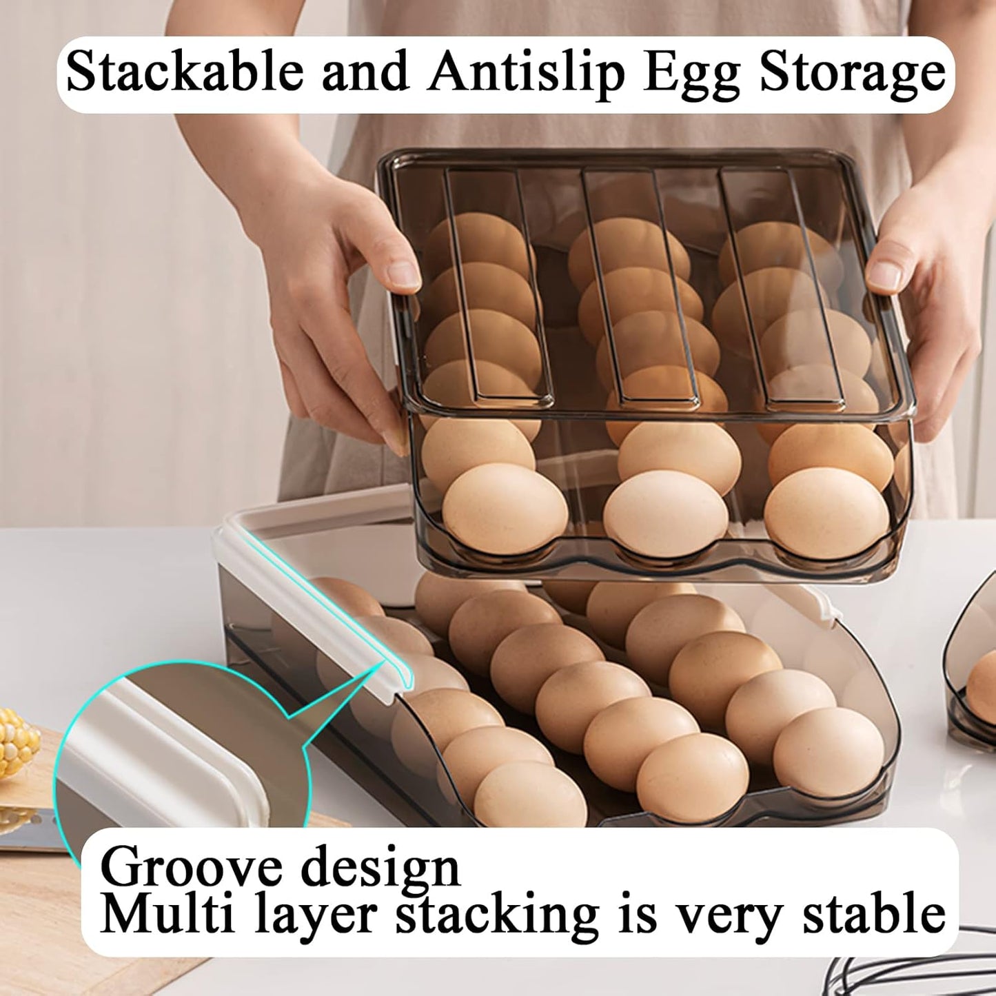 Egg Holder for Refrigerator Auto Scrolling Organizer Plastic Stackable Storage Container Reusable Clear Tray Box Basket Bin Lid Drawer Carrier Keeper(1 Layer)