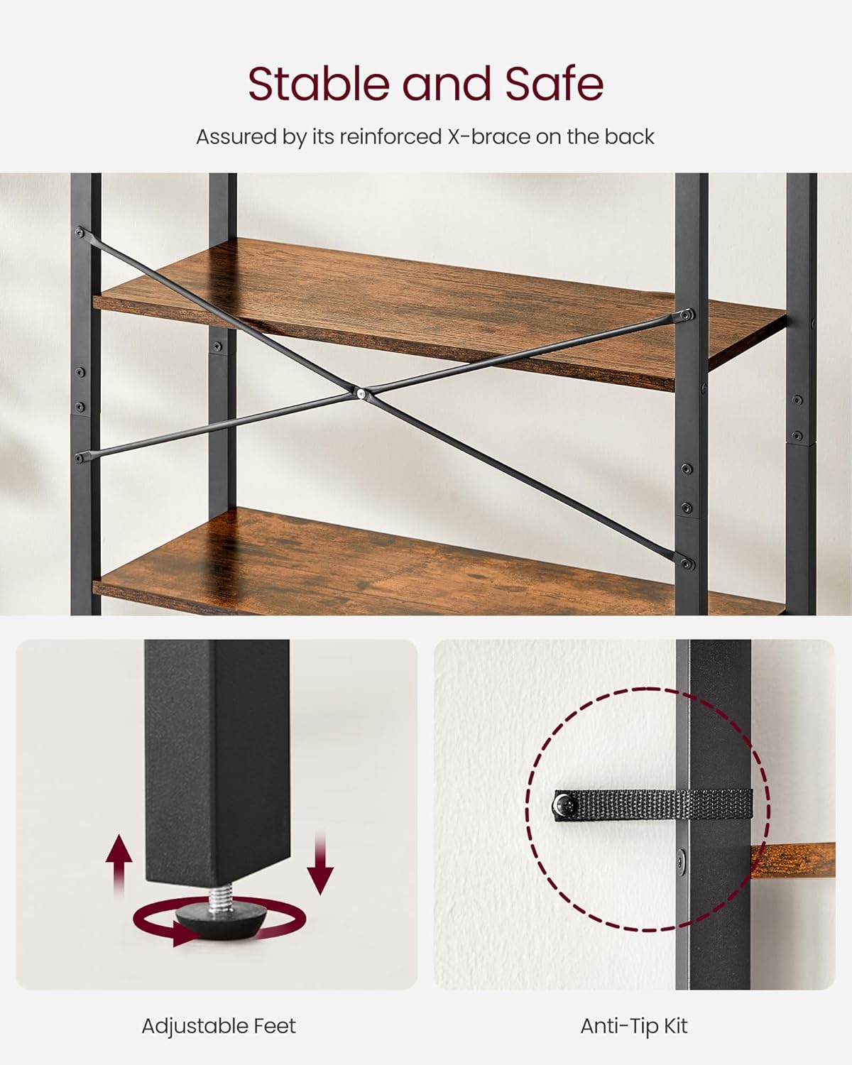 VASAGLE 6-Tier Bookshelf, Bookcase with Steel Frame, Book Shelf for Living Room, Home Office, Study, 11.8 x 31.5 x 73.2 Inches, Industrial Style, Rustic Brown and Ink Black ULLS082B01