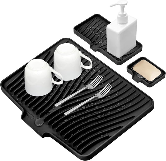Silicone Dish Drying Mat for Kitchen Counter, Dish Drying Pad, Non-Slip Drain Pad with Built-in Drain, Heat Resistant Stone Drying Mat, 3 pcs (Black)