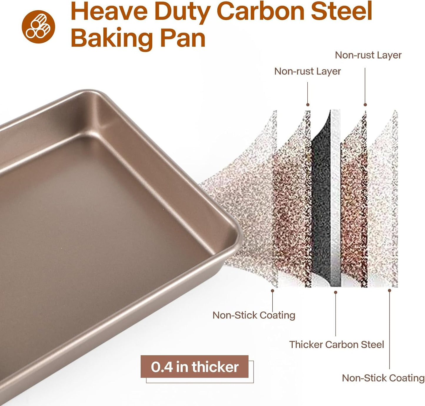 Rectangle Cake Pan, 9x11 Baking Pan, Deep Bread Pan Nonstick, Toaster Oven Tray Bakeware for Brownies, Heavy Duty, 11x9x2 Inch, Pack of 2, Gold, Easy Release