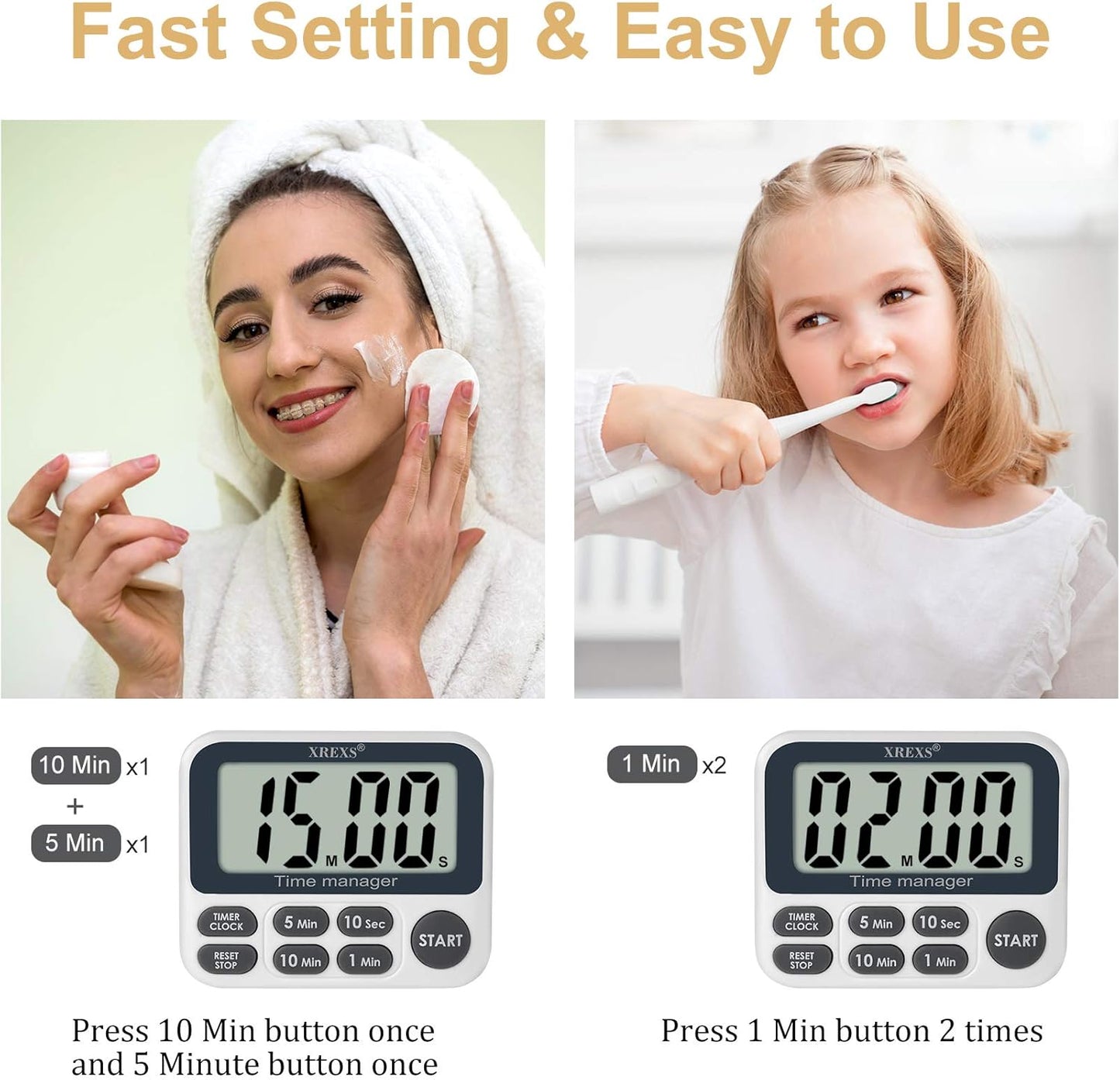 XREXS Digital Kitchen Timer, Magnetic Countdown Up Cooking Timer Clock with Large LCD Display, Adjustable Volume, Loud Alarm & Strong Magnet Classroom Timer for Teachers (Batteries Included)