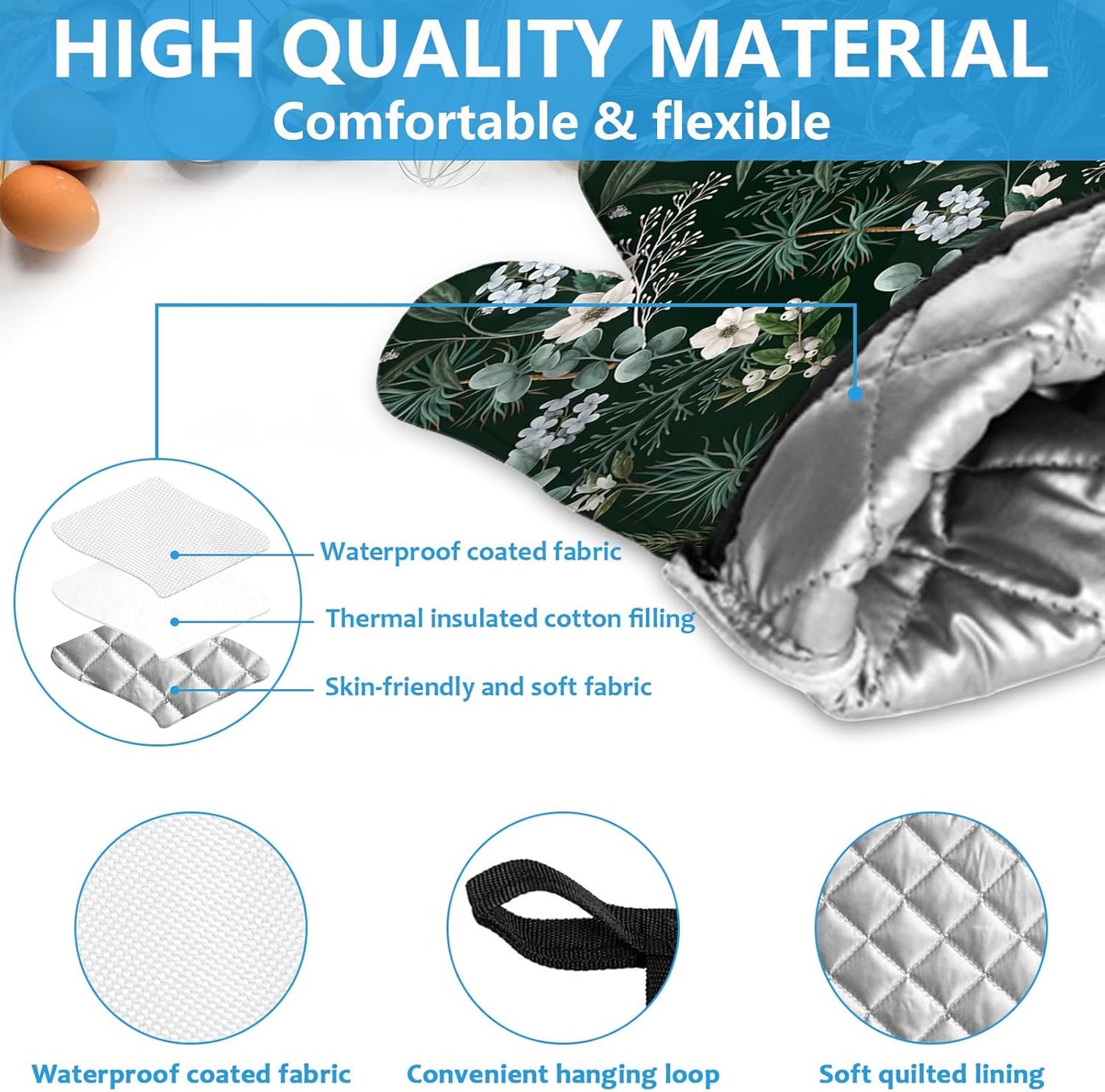 Botanical Print FloralOven Mitts and Pot Holders Sets Heat Resistant 4Pcs Potholders Oven Gloves Hot Pads for Kitchen Baking Cooking Grilling BBQ