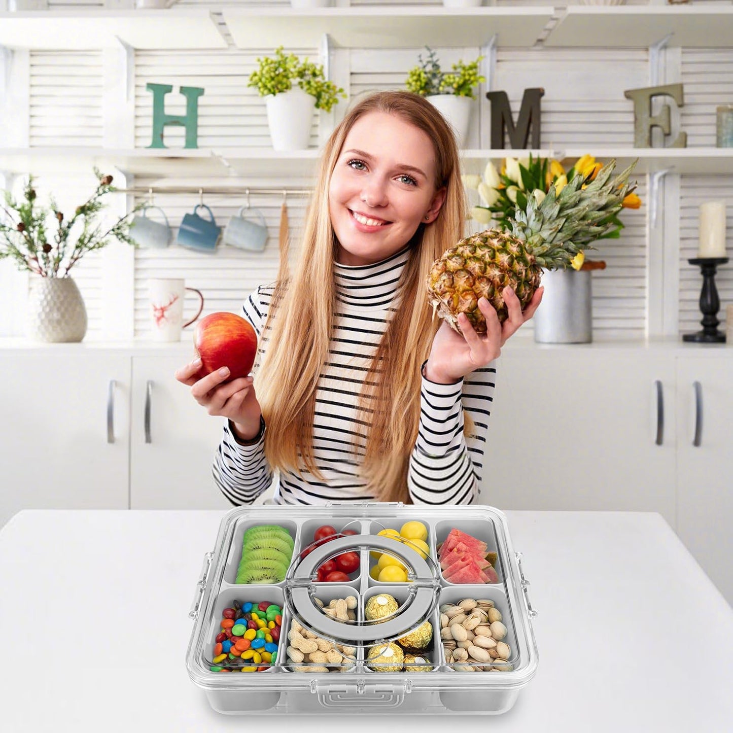 Divided Serving Tray with Lid and Handle,8 Compartments Snacks Box,Snack Fruit and Veggie Tray,Portable Platter for Candy Fruits Nuts Snack Party Entertaining Picnic (2 PCS Grey)