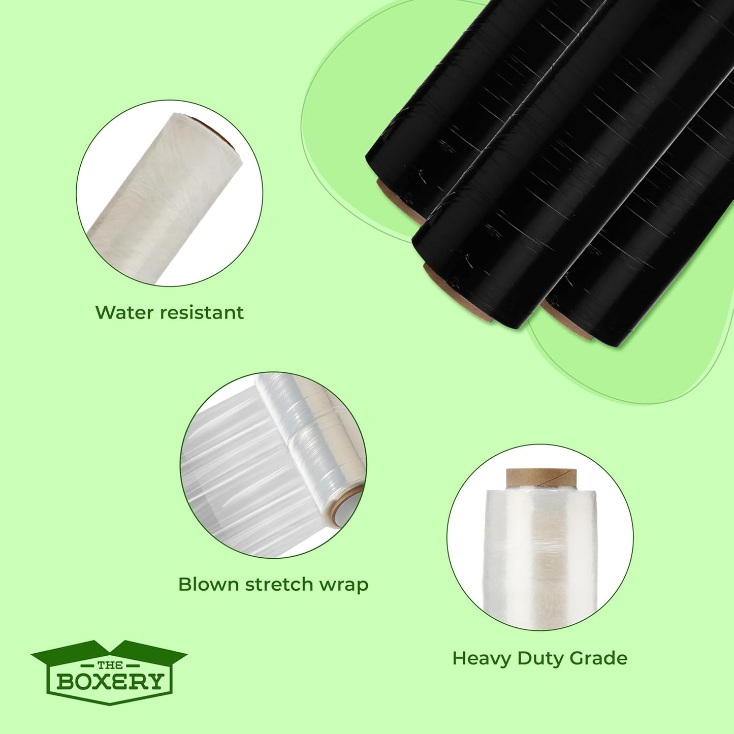 The Boxery- 18''X1500' Per Roll Stretch Wrap (Black)-4 Rolls/6000 Feet Total (75 Gauge) Heavy Duty, Stretch Wrap Film Black Cling Plastic for Shipping, Moving and Packaging