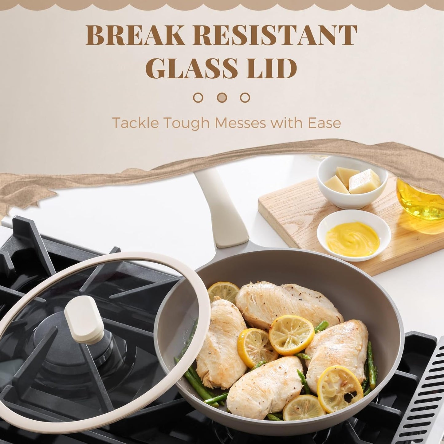 Nonstick Frying Pan with Lid, Healthy Skillet, Egg Pan Nonstick Omelet Pan Chef's Pan, PFOA & PTFE Free, Induction Compatible (8Inch W/L Natural Linen)