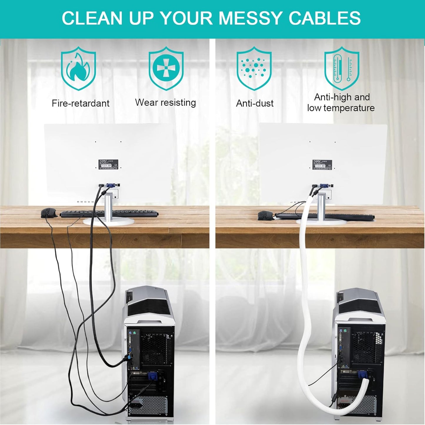 6.6ft - 1 inch White Cable Sleeve, Cable Organizer for Desk PC TV Computer, Wire Protector Cable Wrap Cover, Cord Management for Home Office