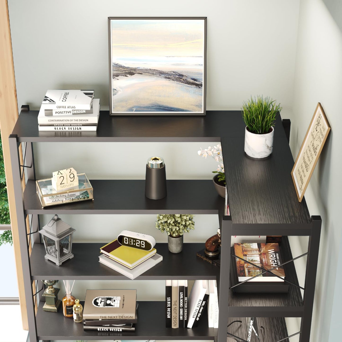 Corner Bookshelves and Bookcases Industrial Corner Etagere Bookcase L Shaped Shelf 6 Tiers with Metal Frame for Living Room Home Office