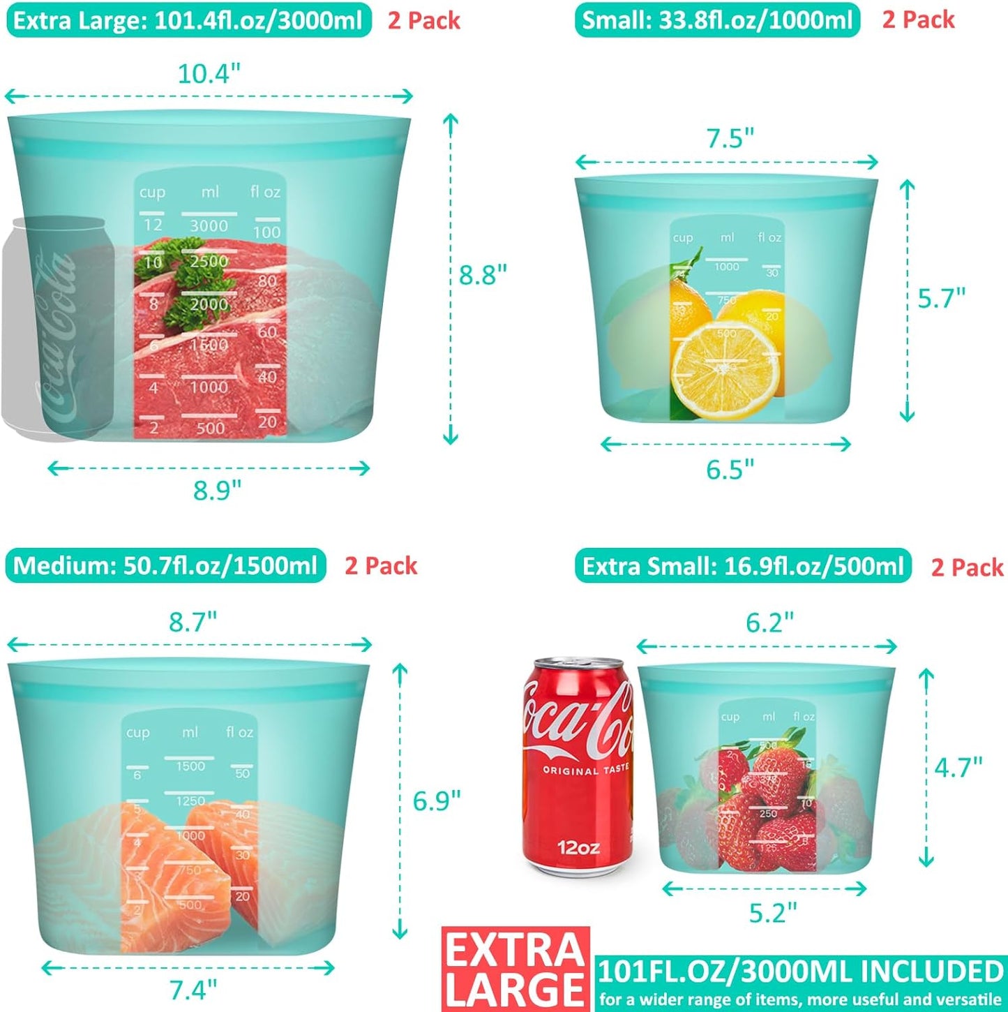 Reusable Storage Bag, 8 Pack 100% Silicone Food Storage Bags Stand Up Zip Lock Bags for Food Container, Freezer Microwave Oven Dishwasher Safe, 2 X-Large(0.8 Gallon) 2 Medium 2 Small 2 X-Small, Aqua