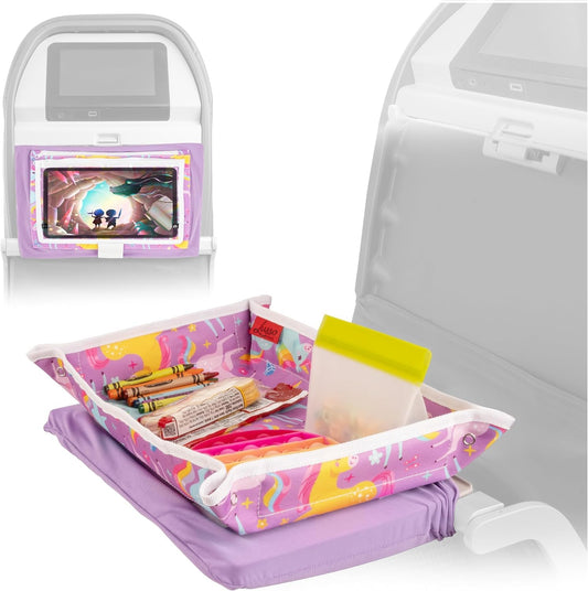 Lusso Gear Toddler Airplane Tray Table Cover with Pockets - Unicorn Print Textile Rectangular - Foldable Airplane Play Tray for Kids - Kids Travel Essentials & Toddler Travel Essential