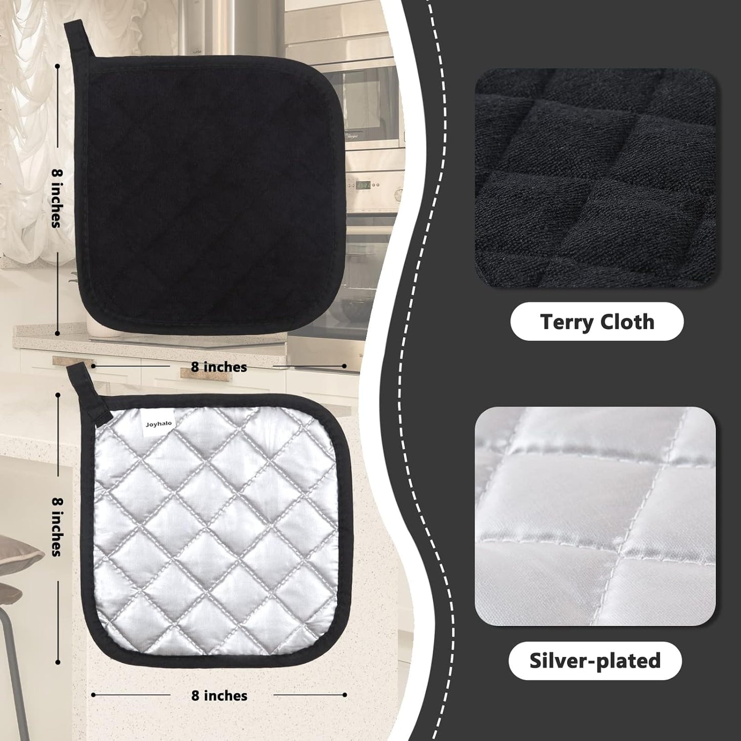 Joyhalo 4 Pack Pot Holders - Heat Resistant Oven Hot Pads, Terry Cloth, Black