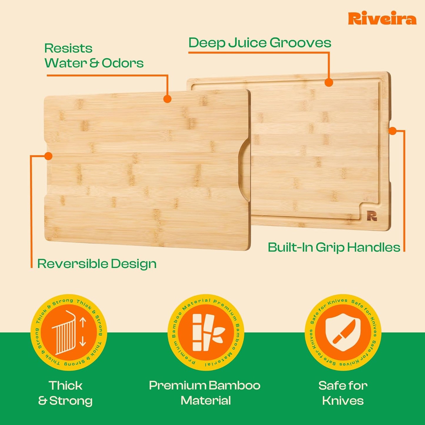 Riveira Bamboo Grandeur: 18 x 12 Bamboo Cutting Board Natural Wooden Cutting Board With Innovative Juice Grooves