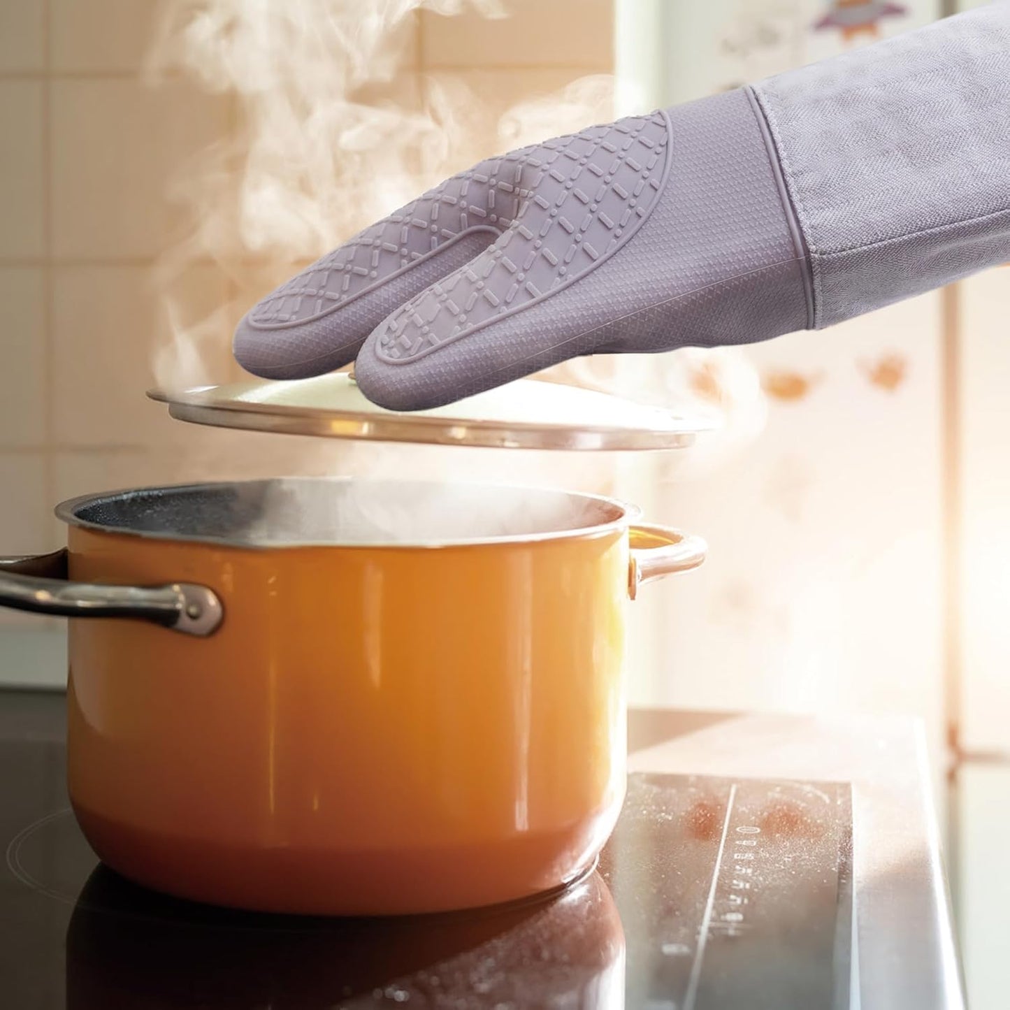 Professional Microwave Silicone Oven Mitts one Pair, Kitchen Mitten Set for Heat Resistant with 500 Degrees, Kitchen Gloves Pot Holder for BBQ Cooking Baking (Purple)