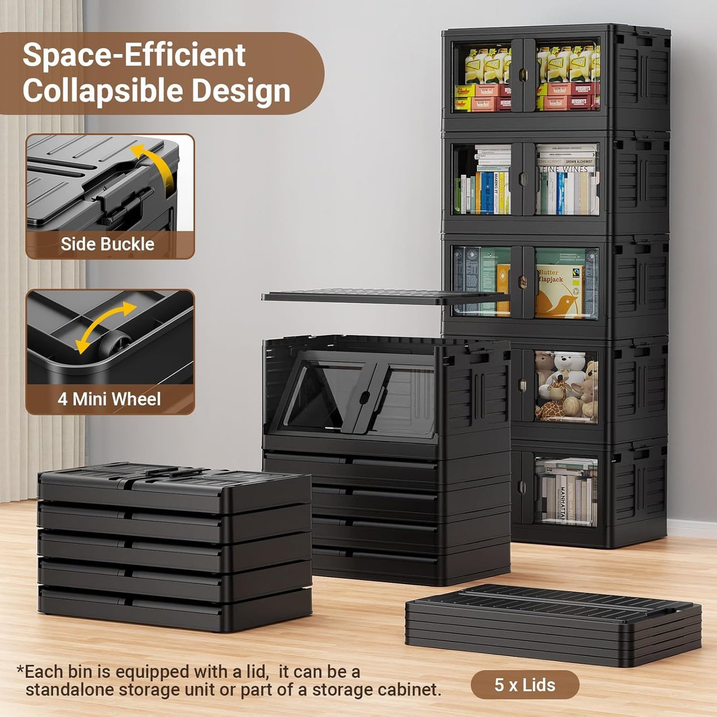 575Qt Stackable Storage Bins with Individual Lids & Wheels, Large Plastic Collapsible Latching Boxes Closet Organizers and Storage Cabinet Shelves Units for Home Kitchen Dorm, 5-Pack Black