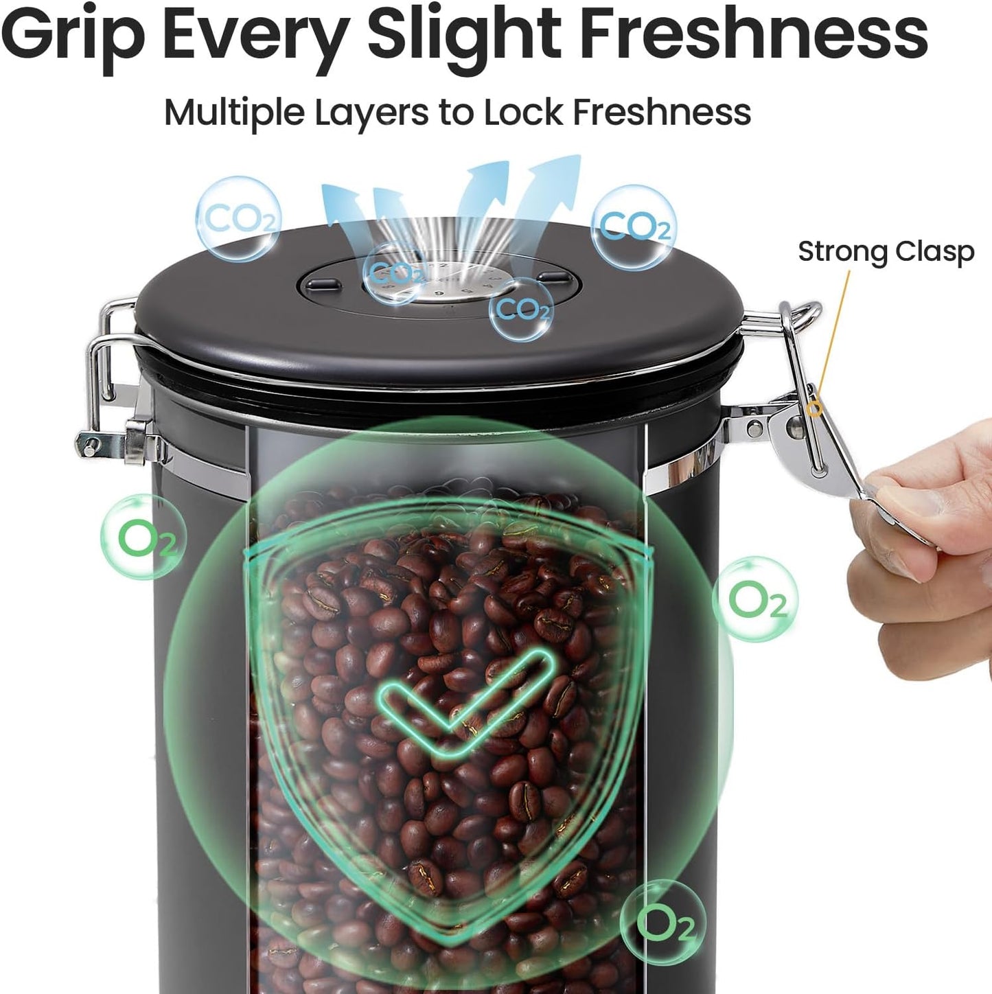 Veken Coffee Canister, 39OZ Large, Airtight Stainless Steel Food Storage Container for 2.2lbs Coffee Beans, Ground, Sugar, Tea, Flour, Rice, Cereal, Cookies Jars, Bar Accessories & Gifts, Black