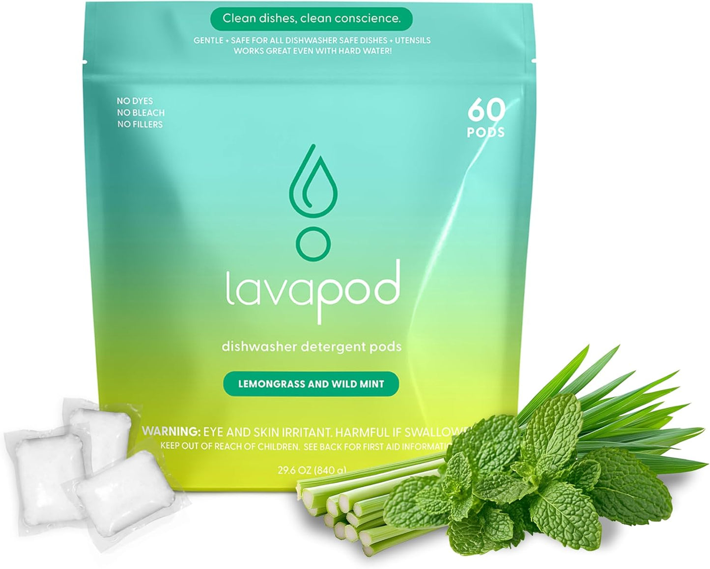 Natural Dishwasher Pods | Plant-Based Enzyme Dishwasher Detergent, Lemongrass & Wild Mint, Eco-Friendly, Tough on Grease & Food Residue, 60 Count