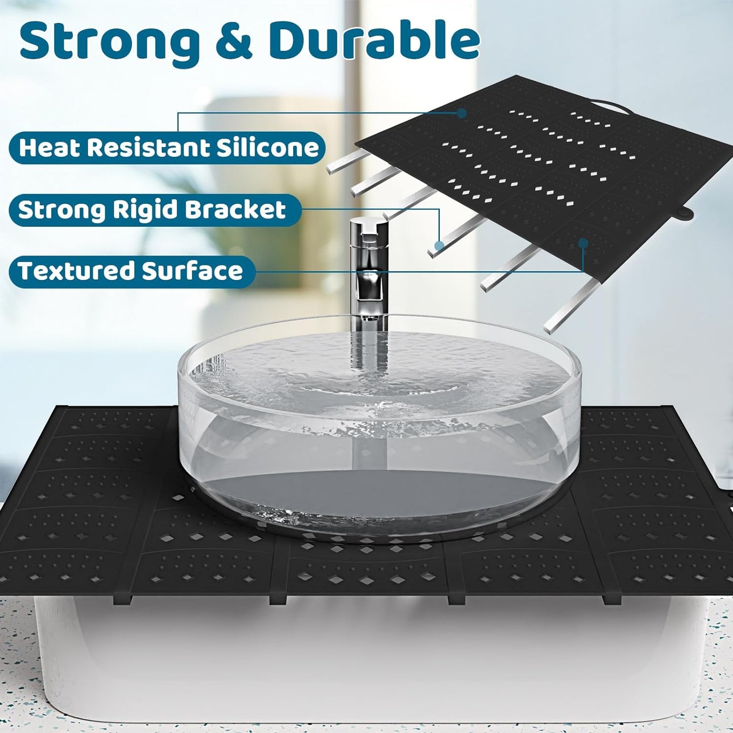 Bathroom Sink Cover for Counter Space, Sink Mat Foldable Sink Cover, Silicone Makeup Organizer Mat Space Saver, Small Bathroom & Rv Camper Travel Must Haves Accessories, Black