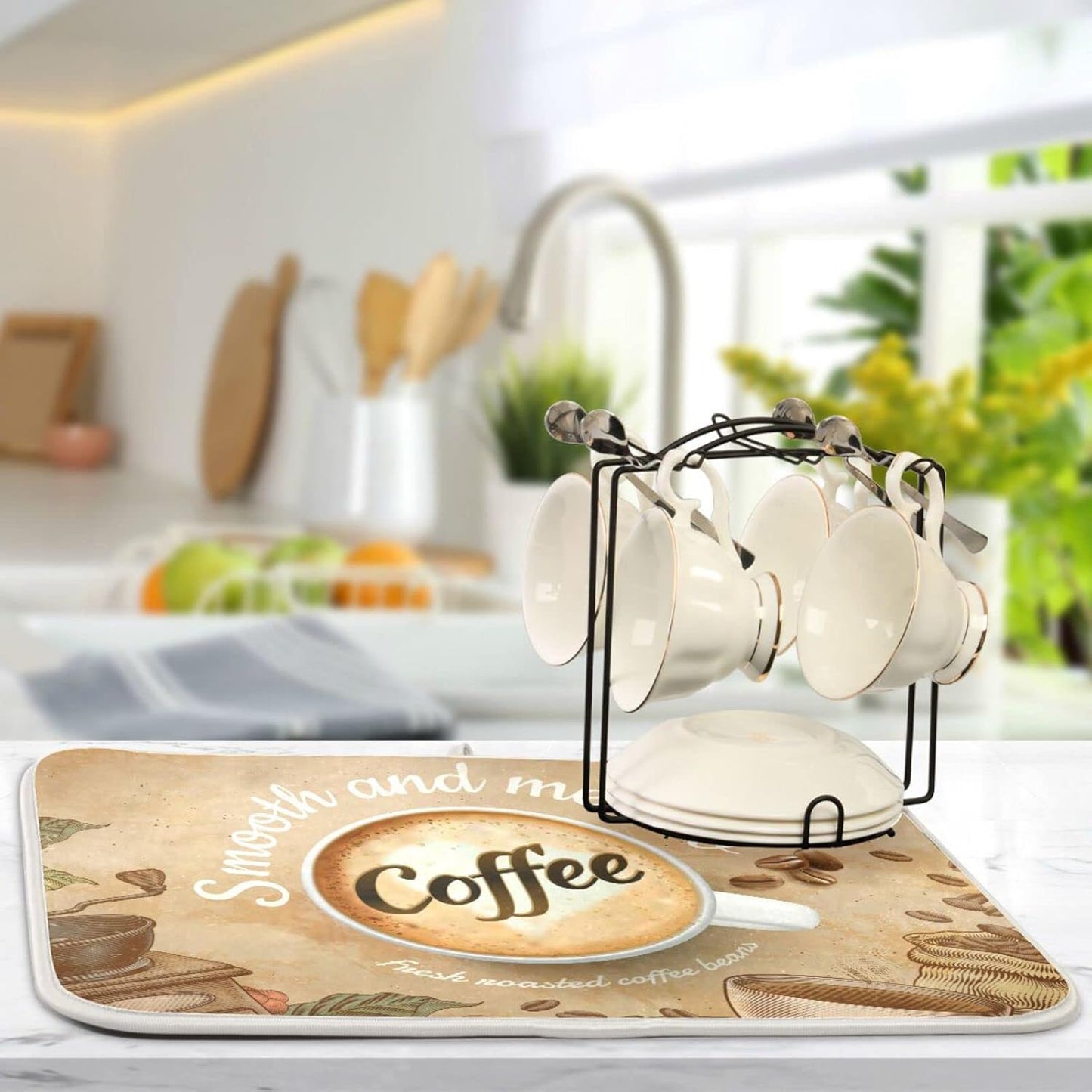 senya Super Absorbent Dish Drying Mat, Microfiber Fast-Drying 24'' x 18'', Kitchen Pad, Coffee Cup Retro Brown
