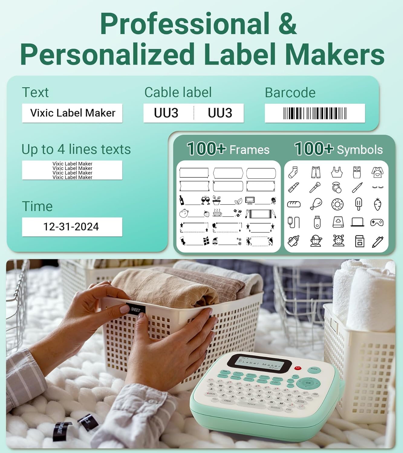Label Maker, D210S Label Maker Machine with 4 Laminated Tapes, 12mm Labeler Labelmaker with QWERTY Keyboard, Print Different Fonts Frame Barcode for Home Office School, Green