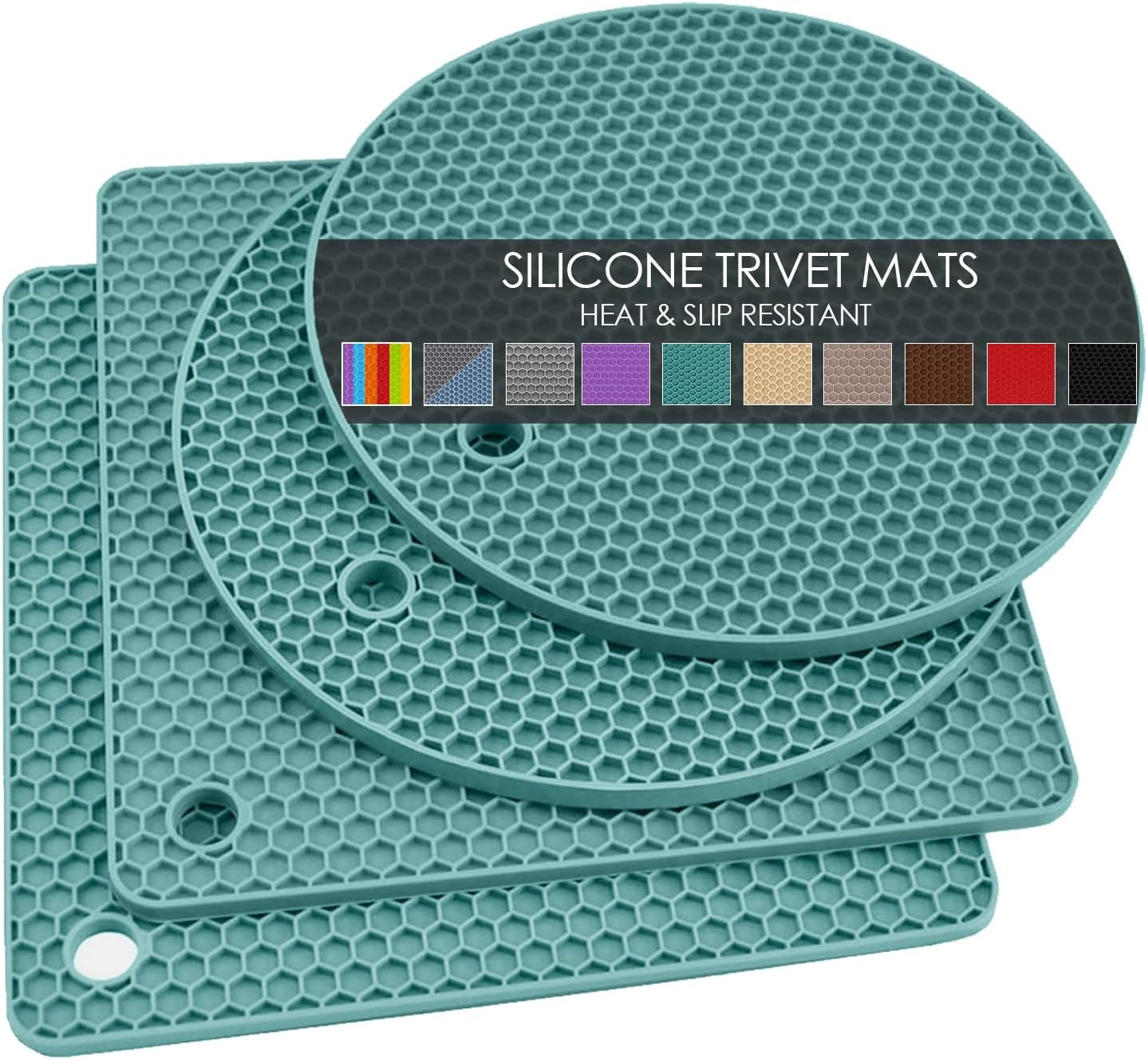 4 Pack Silicone Trivets for Hot Dishes, Dark Green Silicone Hot Pads Trivet for Hot Pots and Pans, 4 PCS Heat Resistant Silicone Mats Pot Holders for Kitchen Counter, Large Coasters & Jar Opener