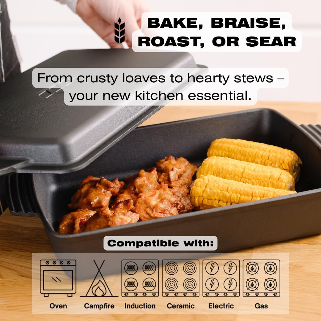 Kuha 2-in-1 Square Cast Iron Dutch Oven, 6 QT – Skillet Lid & Casserole Dish, Pre-Seasoned 13×9 Baking/Roasting Pan, Oven-Grill-Campfire Safe, Comes with Chainmail Scrubber