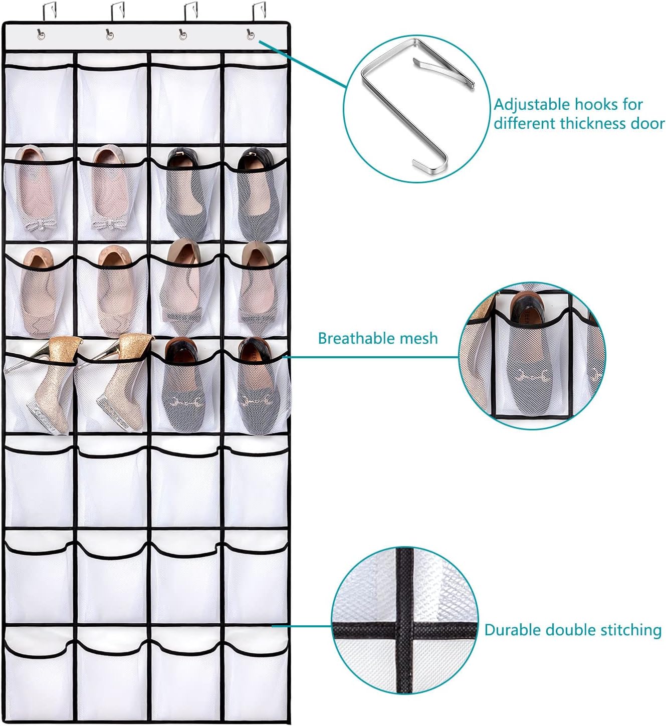 REGELETO 28 Large Pocket Over the Door Shoe Organzier, Hanging Shoe Rack for Door Large Capacity Shoe Organizer Holder with 4 Metal Hooks.