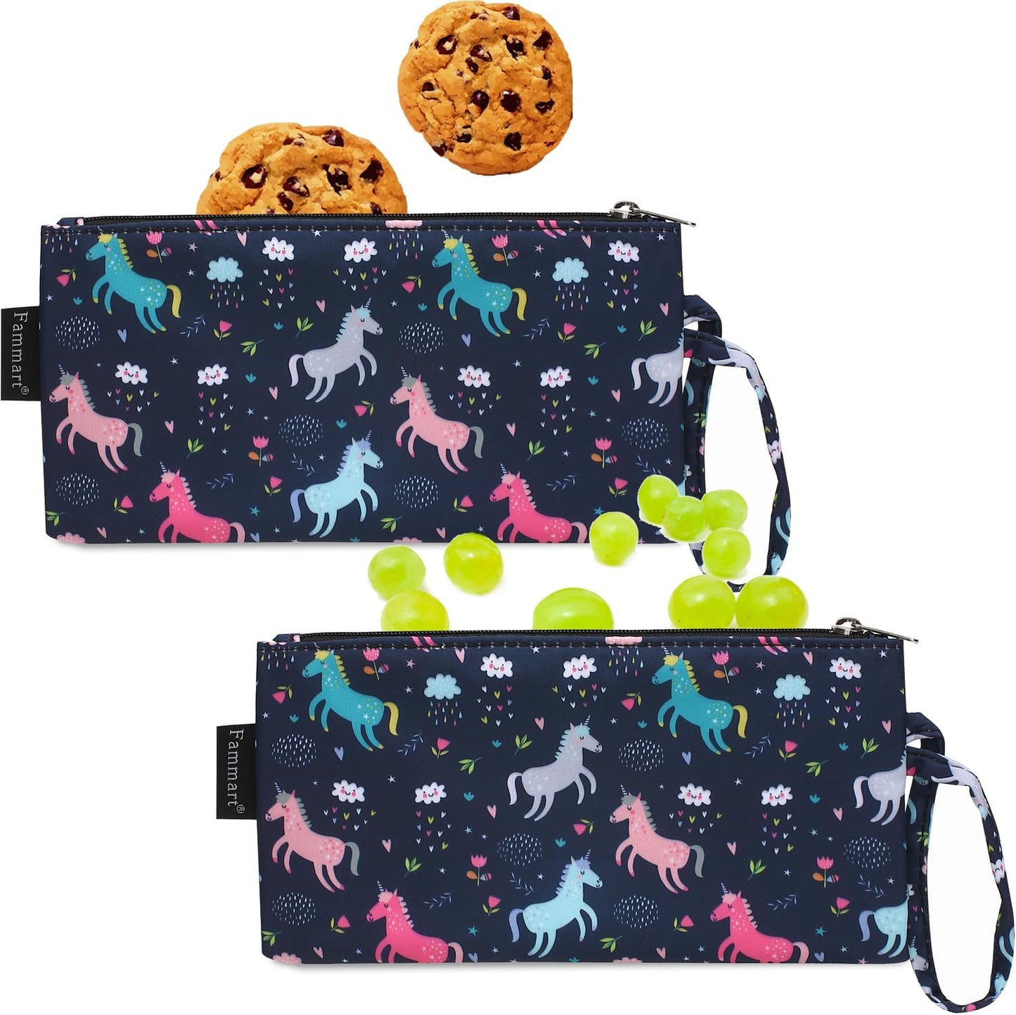 Reusable Sandwich Bag/Snack Bag for Kids & Adults, Dual Layer Lunch Bag with Handle, Washable, Food Safe, BPA Free (2-Pack, Colorful Unicorn)