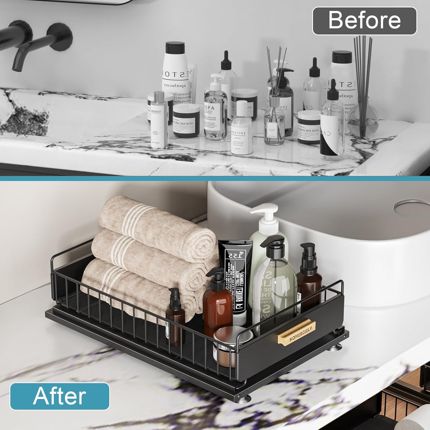 Under Sink Organizer, 2 Pack Pull Out Kitchen Cabinet Organizer, Mute Slide-Out Under Sink Organizers and Storage, Metal Kitchen Bathroom Organizers and Storage Shelves, Black