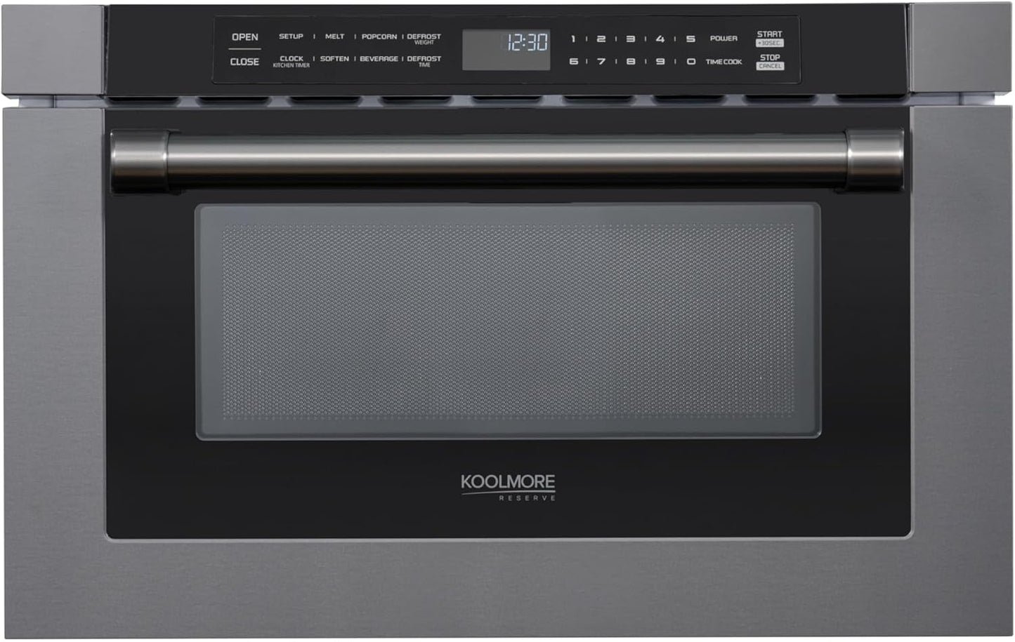 KoolMore Reserve 24 in. 1.2 cu. ft. Microwave Drawer with Electric Door Opening, 10 Power Levels, Sensor Cooking, Melt, Defrost, Bake, Roast, Broil, 1500 Watts, UL Certified in Black Stainless-Steel