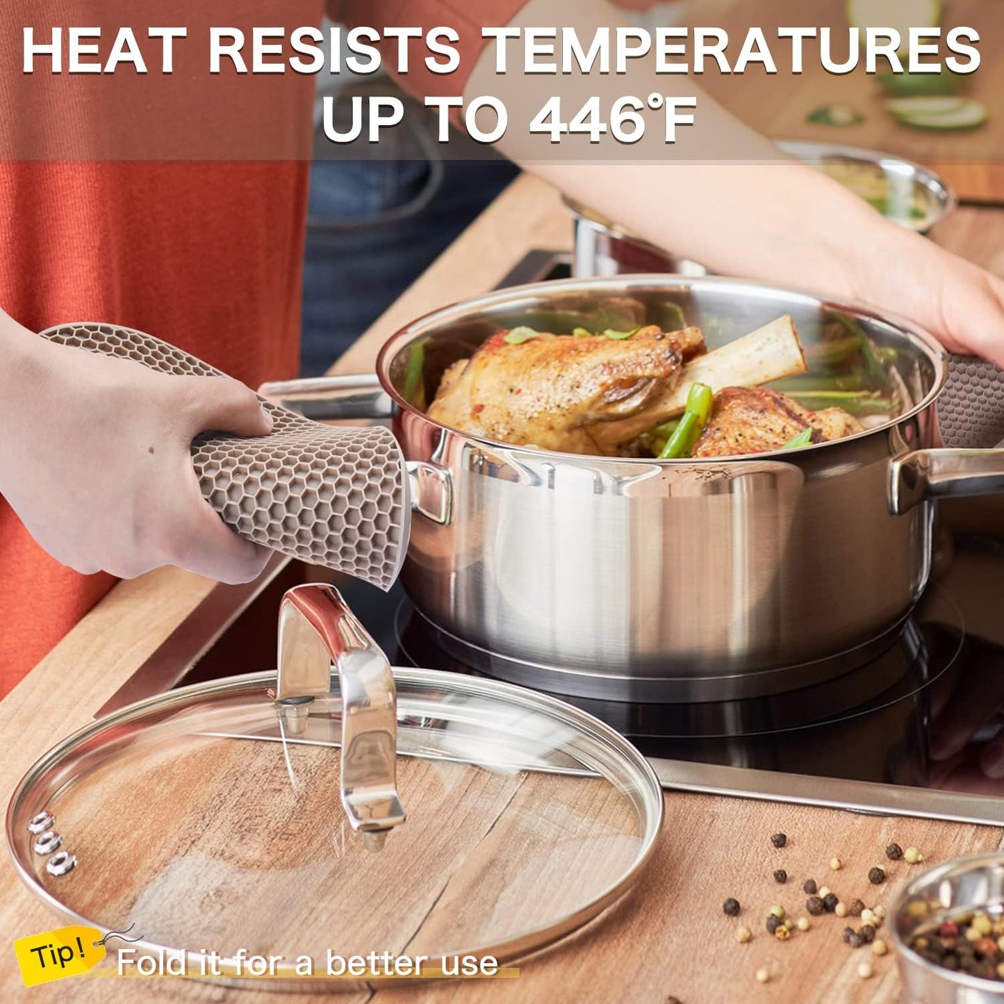 Silicone Trivets for Hot Dishes, 4 PCS Multipurpose Heat Resistant Mat Thick Silicone Hot Pads Pot Holders for Kitchen Counter, Flexible Jar Opener Food Grade Spoon Holder, Silicone Coasters (Almond)