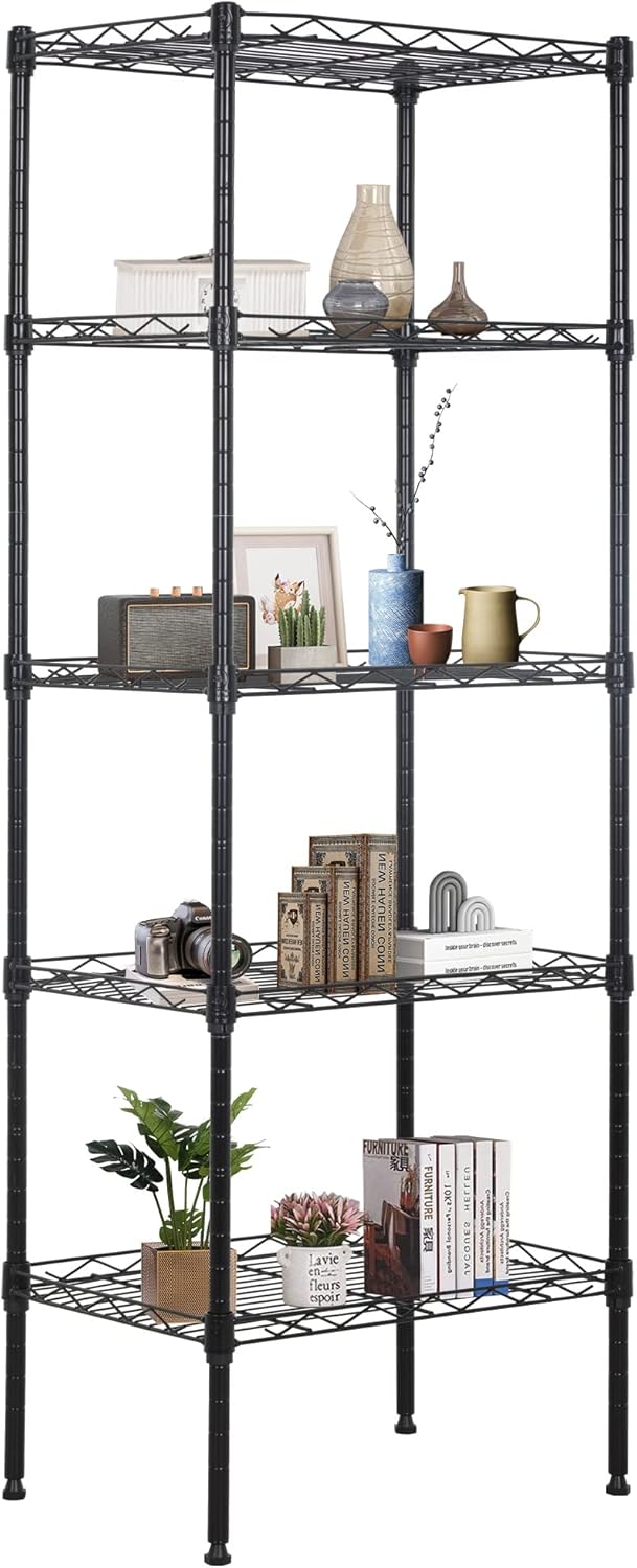 FDW 17L x 12W x 48H Wire Shelving 5 Tier Adjustable Metal Shelves NSF Pantry Shelves Storage Rack Shelving Units for Kitchen Garage Small Places Commercial,Black