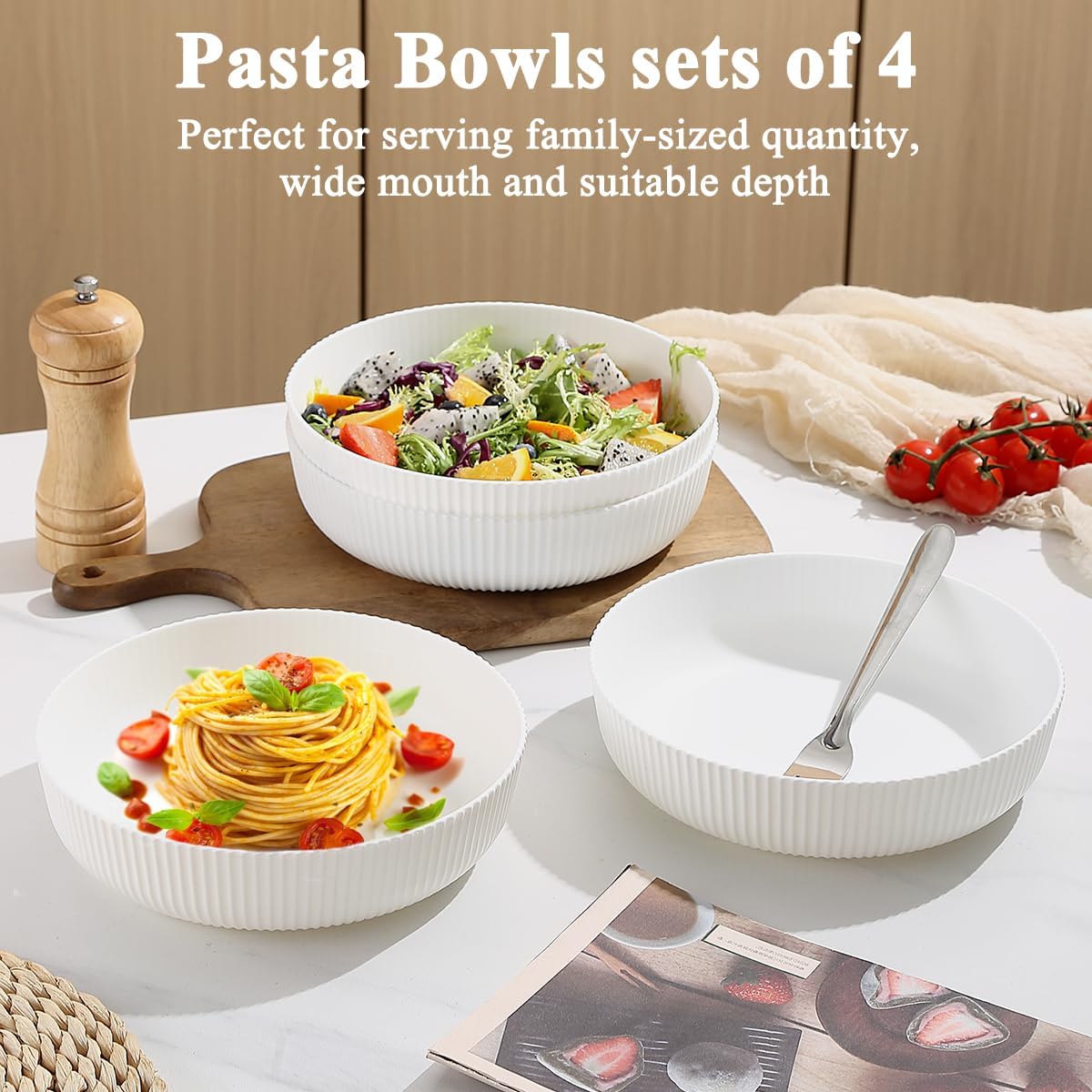 Kyraton Pasta Bowls Set of 4, 37oz Salad Bowls White Soup Bowls Large Pasta Serving Bowl Plastic Unbreakable Serving Dishes Dinner Bowls (White)