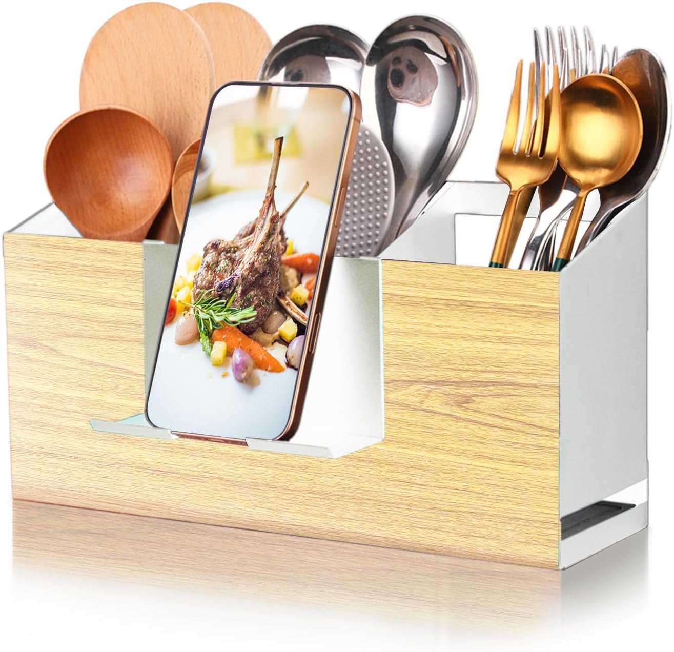 Utensil Holder Large Iron Flatware Container with 3 Compartments Countertop Wall-mounted Kitchen Utensil Storage (White)