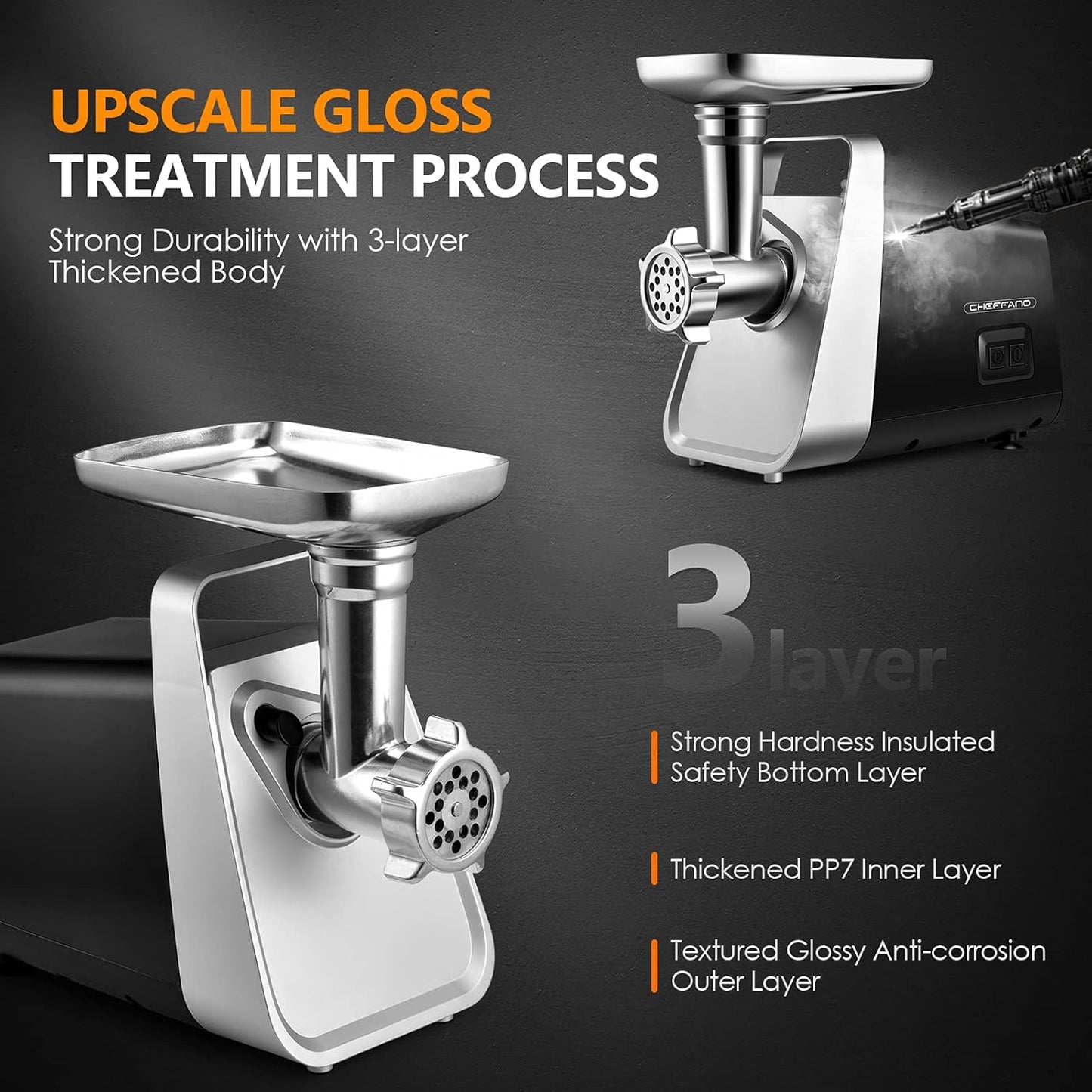 CHEFFANO Meat Grinder Electric, 350W[2000W Max] Electric Meat Grinder, Molino De Carne, Meat Mincer with Stainless Steel 2 Blades and 3 Plates, Sausage Staff Maker & Kubbe Kit for Home Kitchen Use