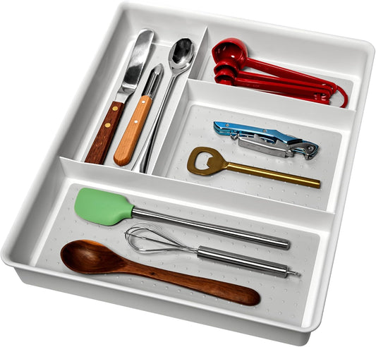 Madesmart Classic 4-Compartment Drawer Organizer Gadget Tray, Plastic Multipurpose Storage Bin for Drawers, White