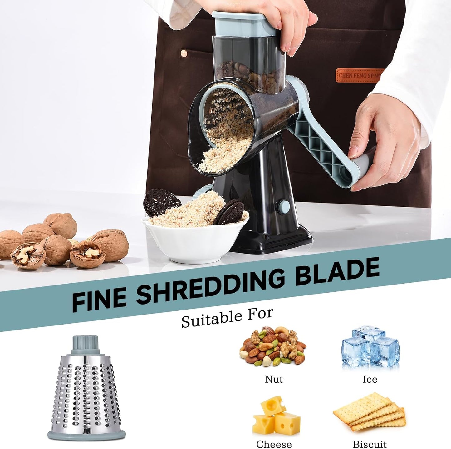 Rotary Cheese Grater with Handle Kitchen Shredder Slicer Grater Slicer Ice Shaver Cheese Vegetable Nuts Potato Zucchini Chocolate 3 Interchangeable Blades (blue)