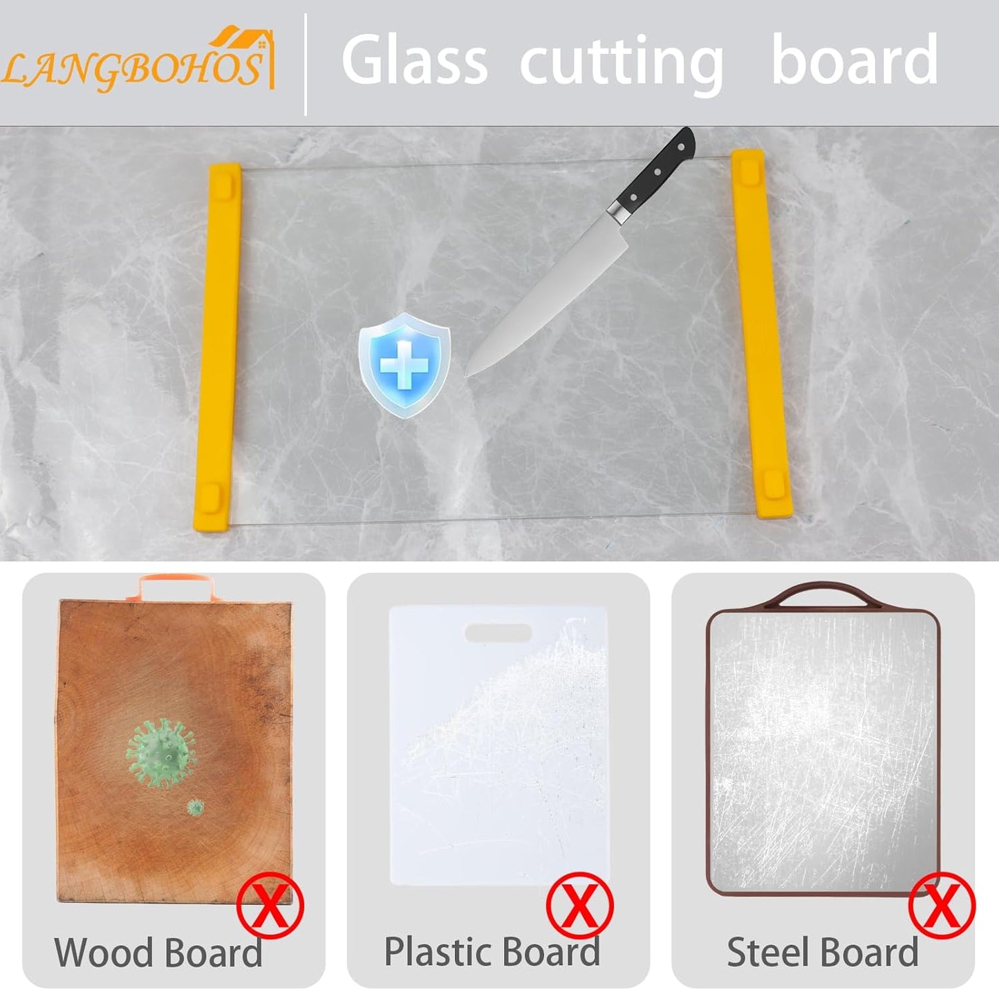 Large Tempered Glass Cutting Board for Kitchen with Silicone Handle-Non Anti slip and easy to grip,Dishwasher-Safe Easy to Clean for Food Prep,Serving Tray(Yellow-16 * 12")