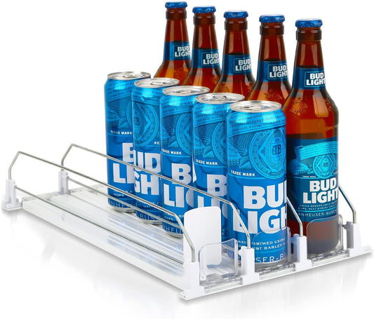 Soda Can Dispenser for Refrigerator, 3 Row Self-Pushing Rack, Fits up to 15 Cans, Width Adjustable Beverage Storage Rack, 15inch White