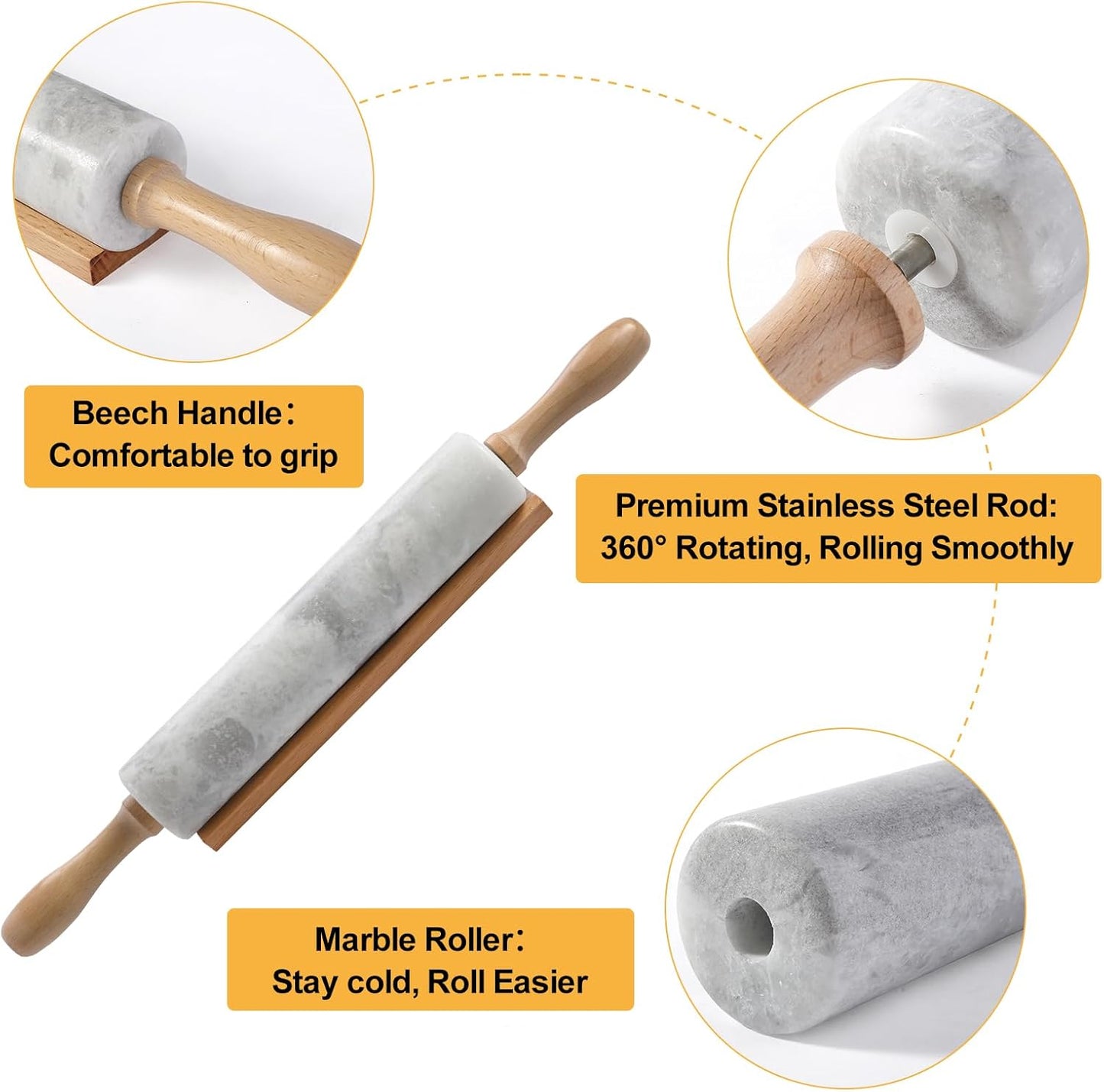 Koville African Natural Marble Rolling Pin, Non-Stick Polished Dough Roller, Pasta, Dumpling, Fondant, Pie Crust, Bread, Pizza Dough, Kitchen Baking Pastry Tools with Mat/Scraper(Grigio Fantasy)
