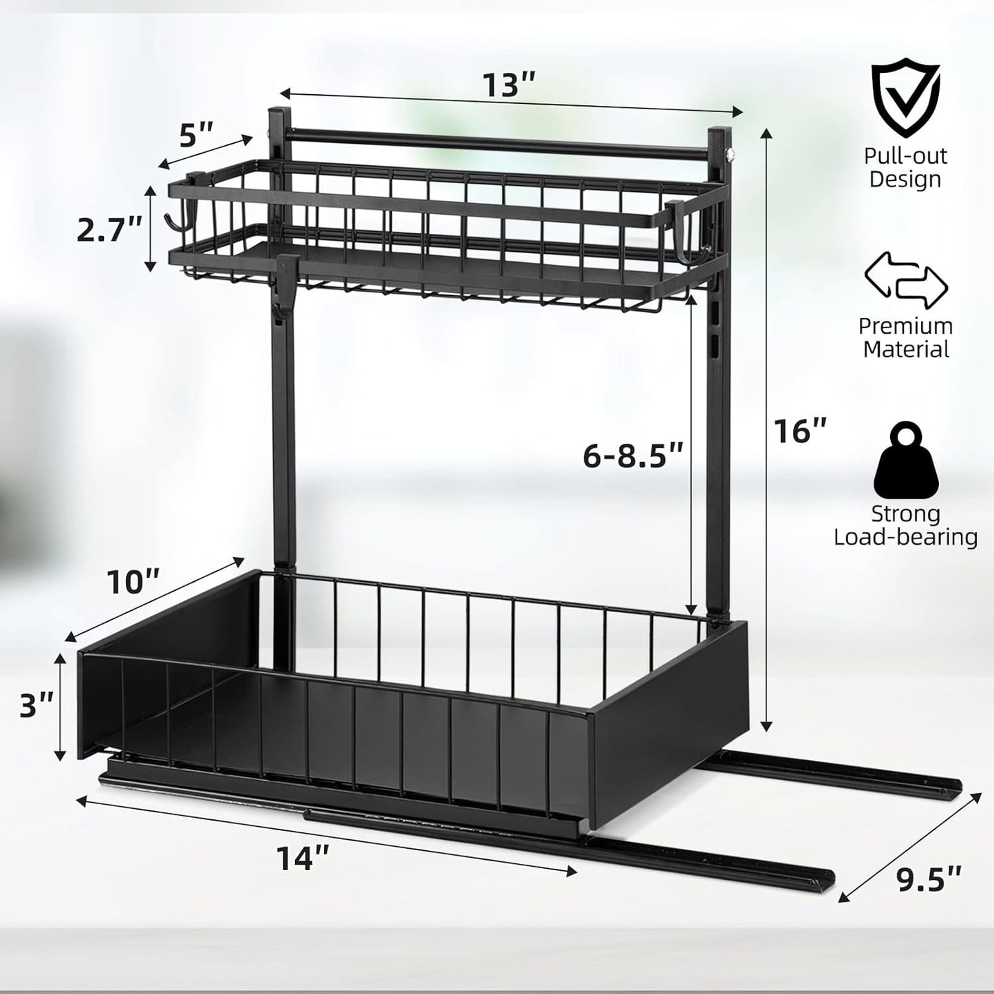 Under Sink Organizer and Storage Shelves With Sliding Drawe, 2 Tier Pull Out Sink Organizers And Storage, Metal Sliding Drawer for Kitchen Bathroom Pantry Cabinet Closet Organization Rack, Black