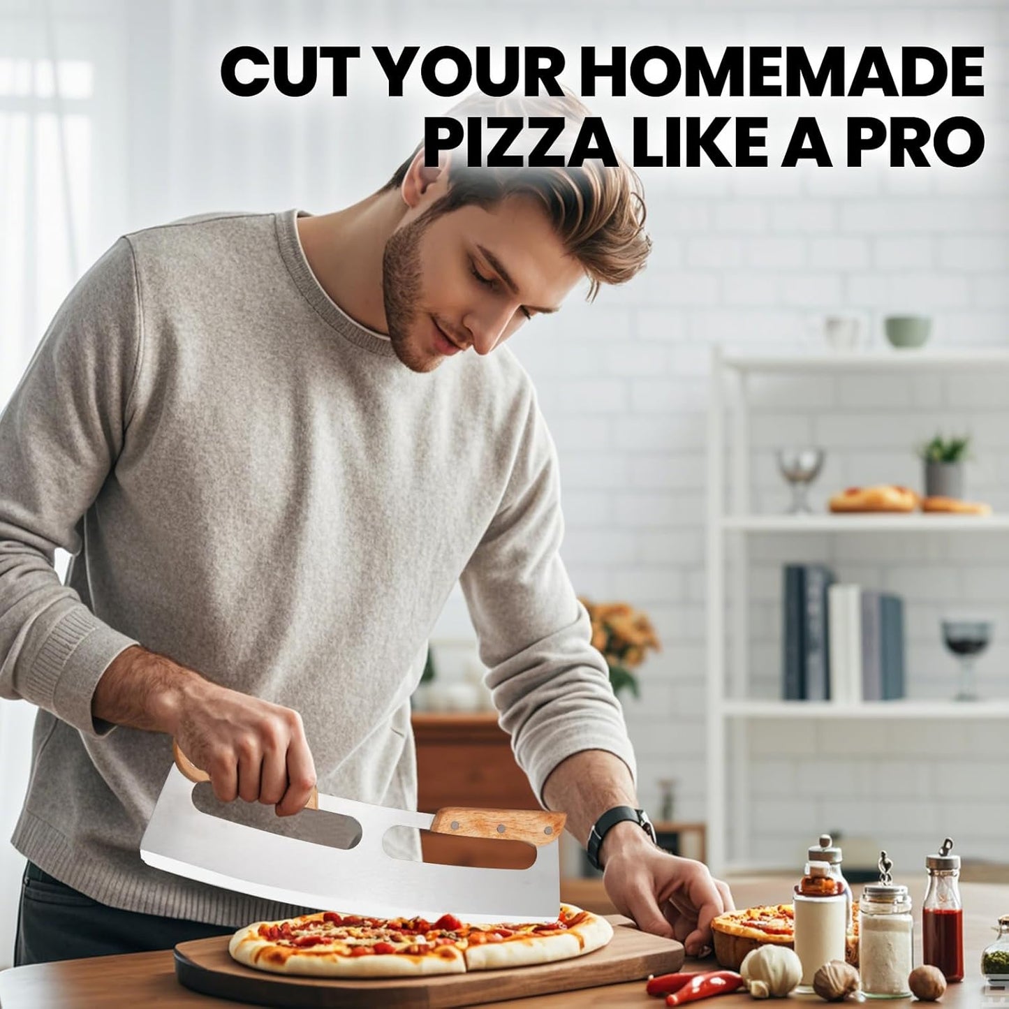 SCHVUBENR 14'' Pizza Cutter Rocker with Wooden Handles - Sharp Stainless Steel Pizza Slicer with Comfort Cover - Large Pizza Knife Cutter Wheel - Easy to Use & Clean - Slice Pizza with Ease