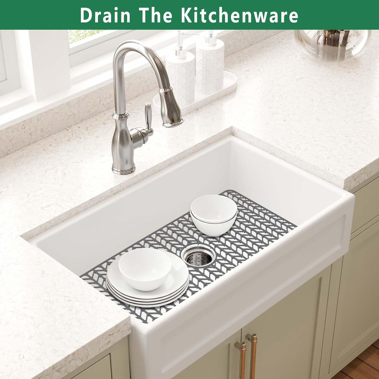 GUUKIN Sink Protectors for Kitchen Mat - 30"x 16" Silicone Kitchen Sink Mat Grid for Bottom of Farmhouse Stainless Steel Porcelain with Center Drain（Grey）