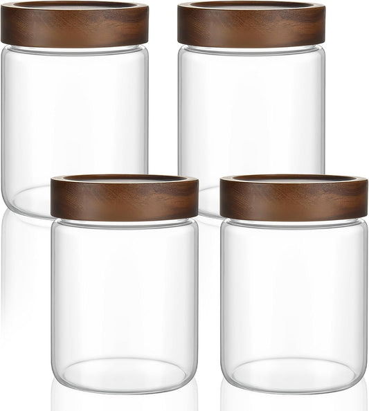 18 oz/550 ml Clear Glass Storage Canister with Airtight Wooden Lid, 4 Pack Small Overnight Oats Containers, Cute Decorative Salad Jar for Snacks Yogurt Spice Sugar Cereal Fruit Coffee Tea