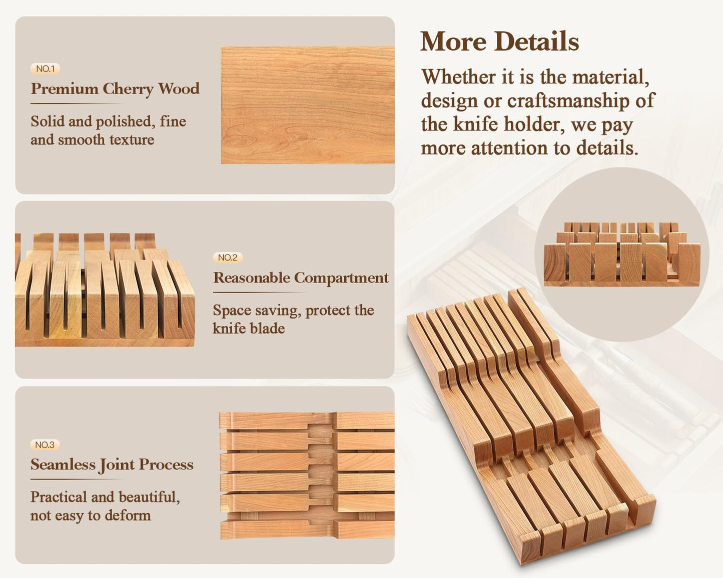 HEZHEN 11-slots Cherry Wood In-drawer Knife Tray,Knife Holder, Knife Block without Knives, Fit for 10 Knives and 1 sharpening rod