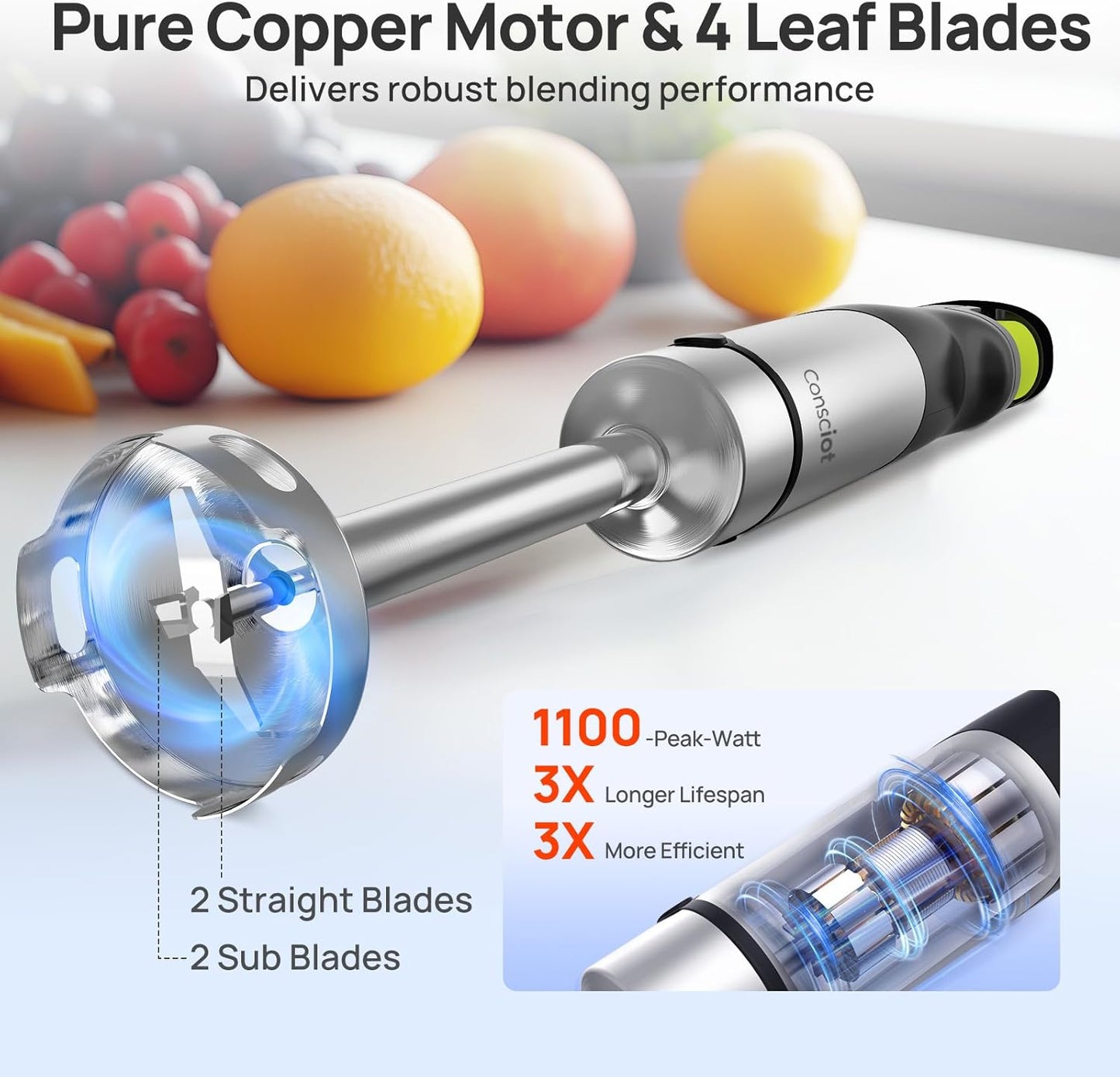 Consciot 7-in-1 Immersion Blender Handheld Max 1100W, Stick Emulsifier with Entire Stainless Steel Blender Shaft, Trigger Speed Control, 800ml Beaker, 600ml Chopper, Beaters, Frothers, Hooks & Masher