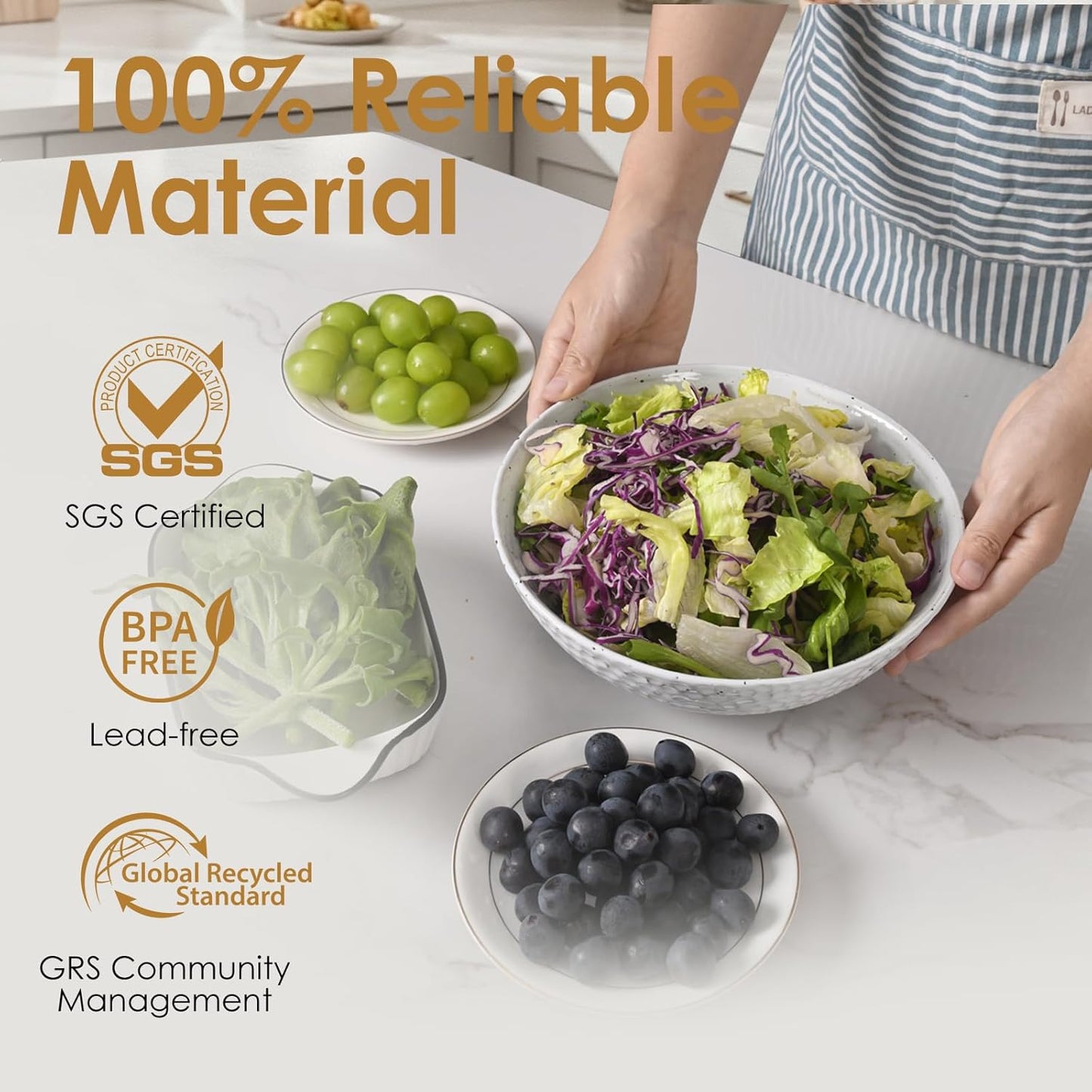 Wotalation Large White Ceramic Salad Serving Bowl - 9.4 Inch Party Bowl for Holidays, Fruit Bowl with Bamboo Utensils (57.4oz), Microwave & Dishwasher Safe