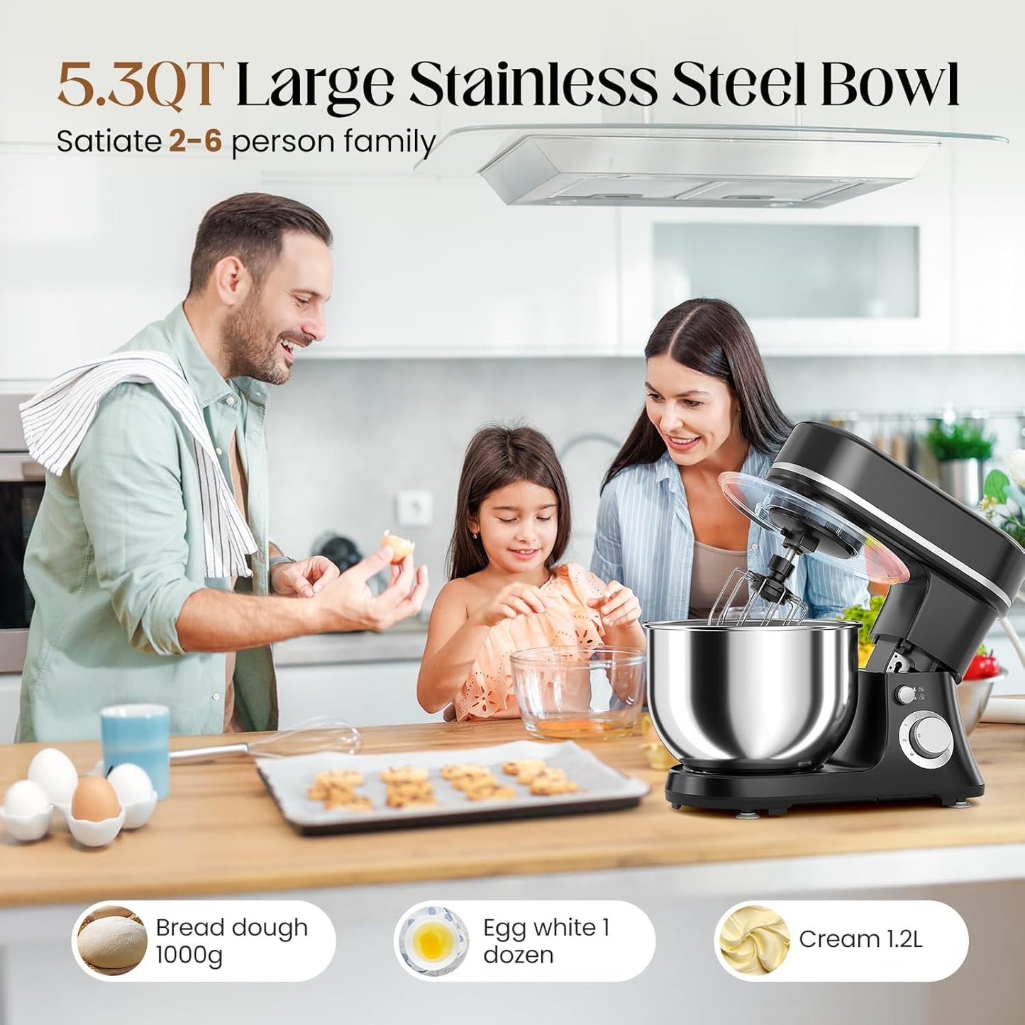 800W Stand Mixer with 5.3QT Bowl, 6-Speed with Pulse Electric Kitchen Mixer, Food Mixer with Dough Hook, Whisk, Beater Tilt-Head & Non-Slip Base for Cookie, Cake, Bread & Baking-Black