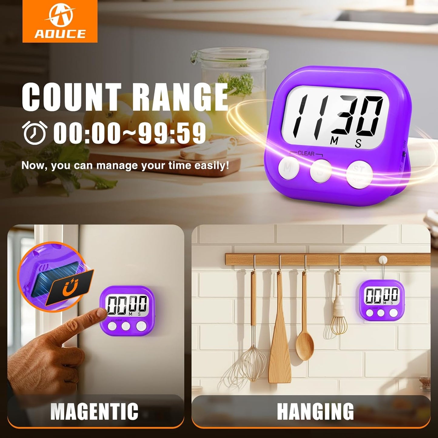2 Pack Digital Kitchen Timer for Cooking Big Digits Loud Alarm Magnetic Backing Stand Cooking Timers for Baking Purple